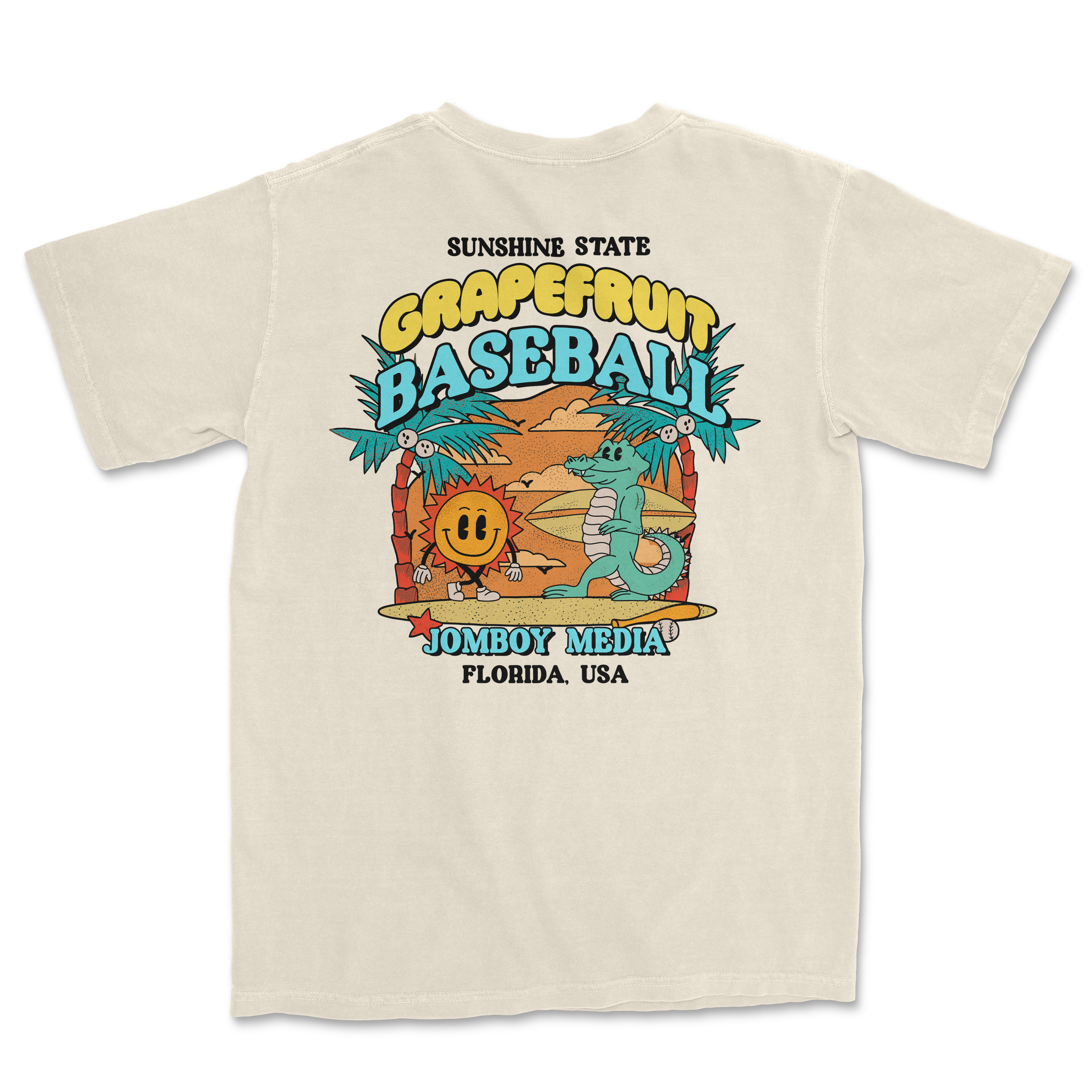 Comfort Colors tee featuring a colorful grapefruit baseball design with cartoon characters, palm trees, and Florida-themed text.