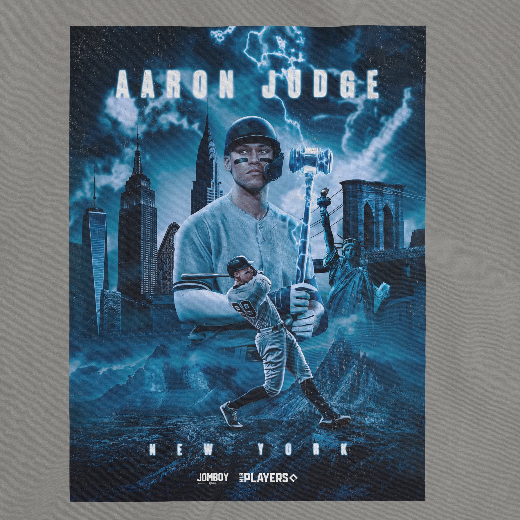 Print of Aaron Judge as NYC king with baseball, lightning, and iconic landmarks on a Comfort Colors tee shirt.