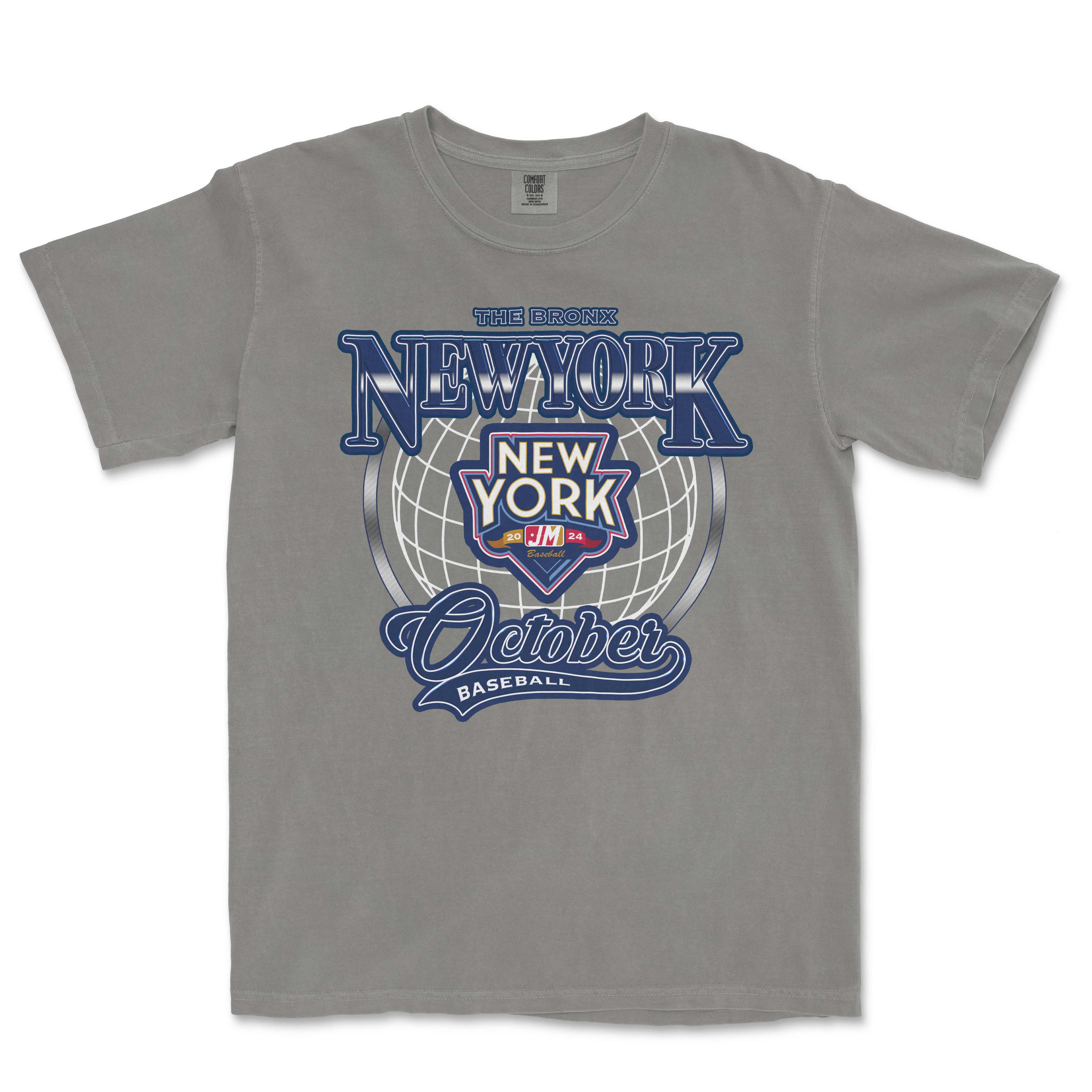 Gray T-shirt featuring a graphic design with "October in The Bronx," "New York," and "Baseball" text, along with a globe and baseball emblem.