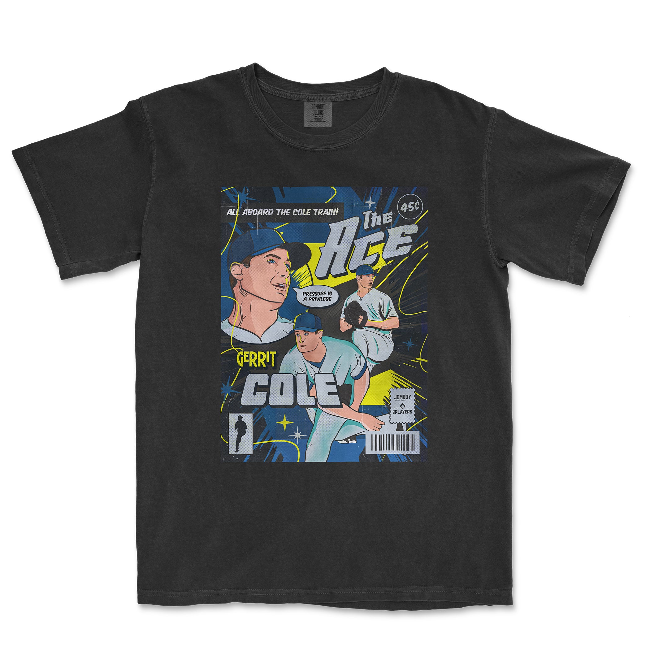 Black Comfort Colors T-shirt featuring a comic-style illustration of Gerrit Cole as "The Ace," with vintage baseball and comic elements.