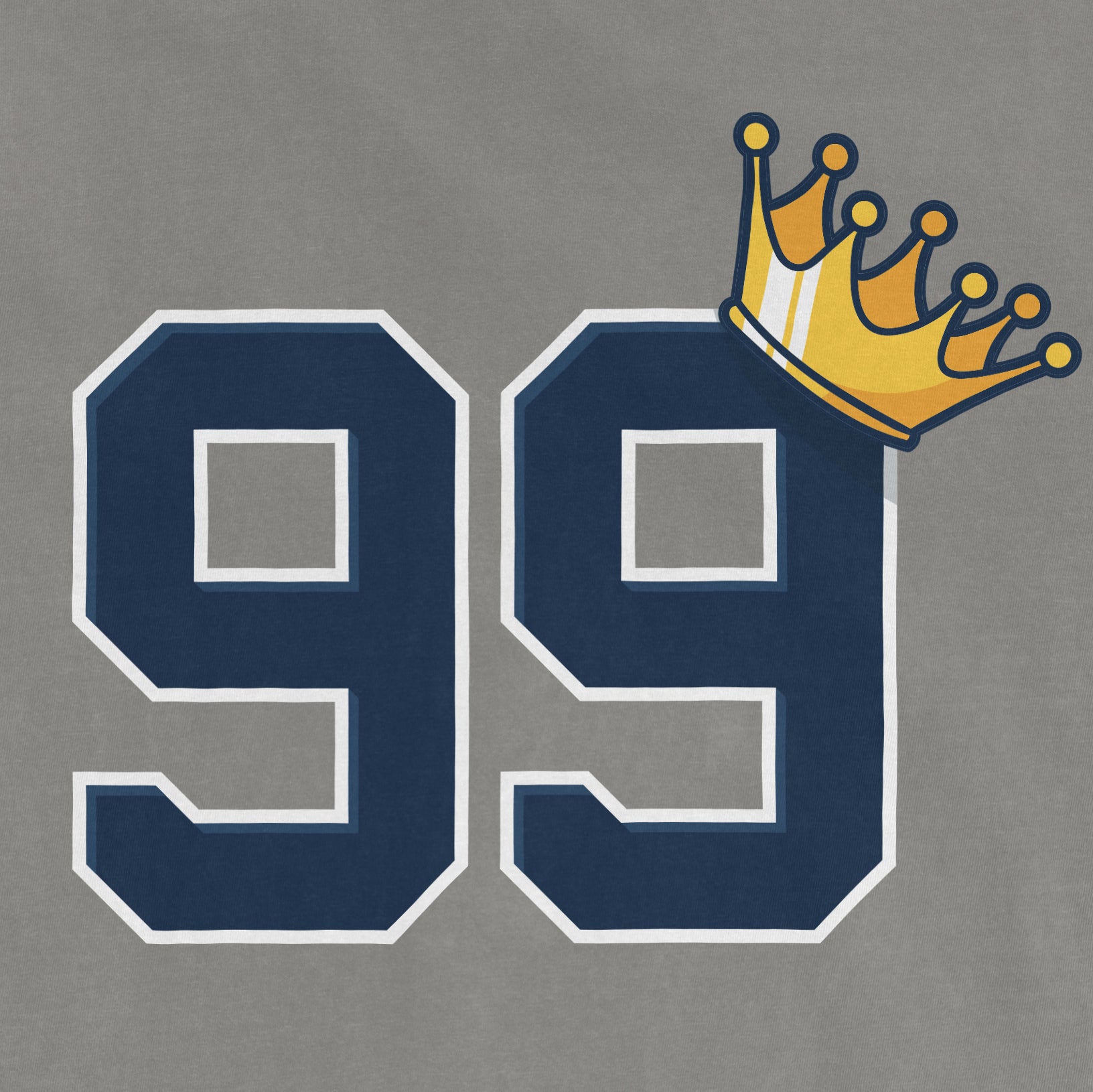 Gray Comfort Colors T-shirt featuring large navy blue "99" numbers with white outlines and a yellow crown graphic on the top right of the right number.