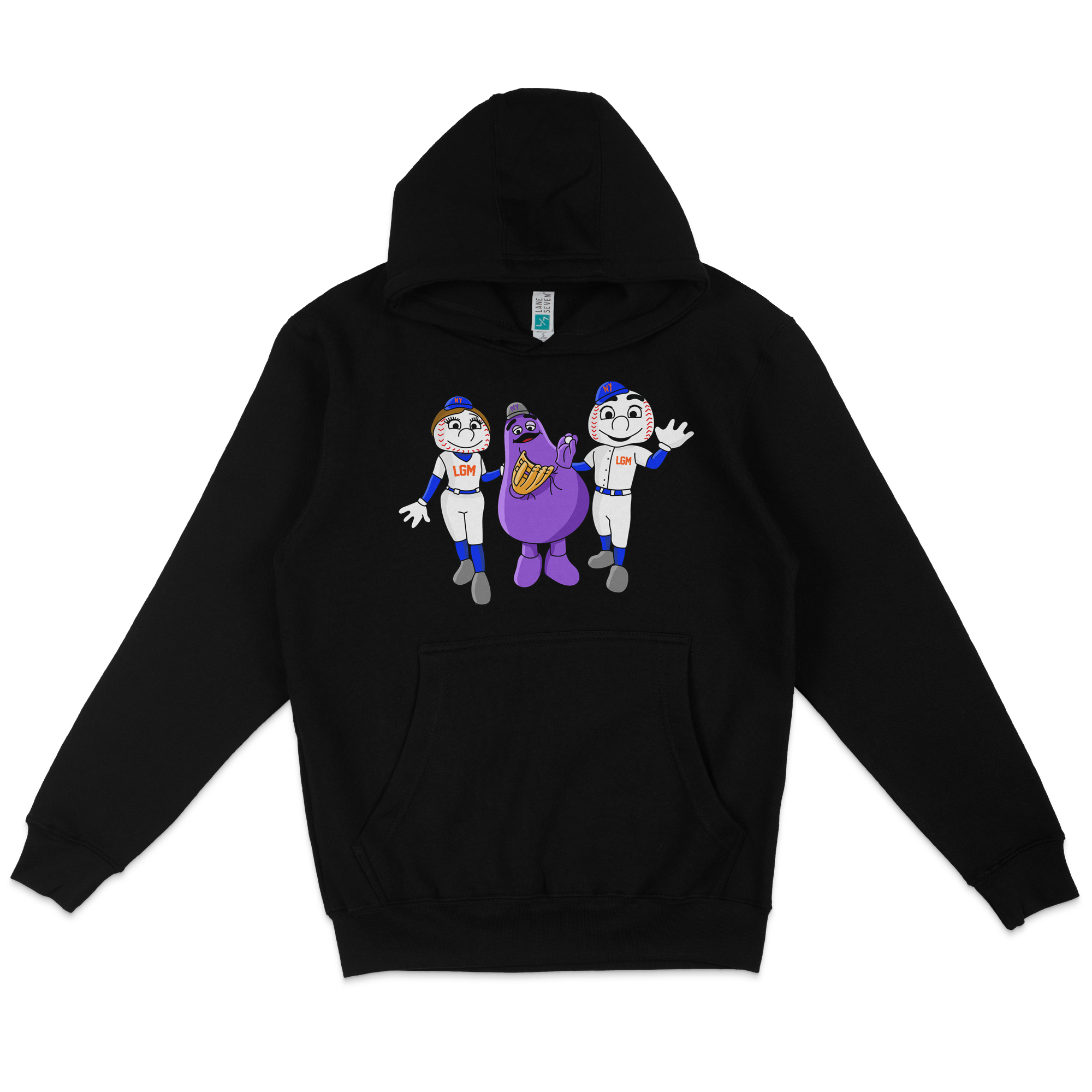 Black pullover fleece hoodie featuring cartoon characters of two baseball players and a purple mascot with a glove, all smiling and waving.