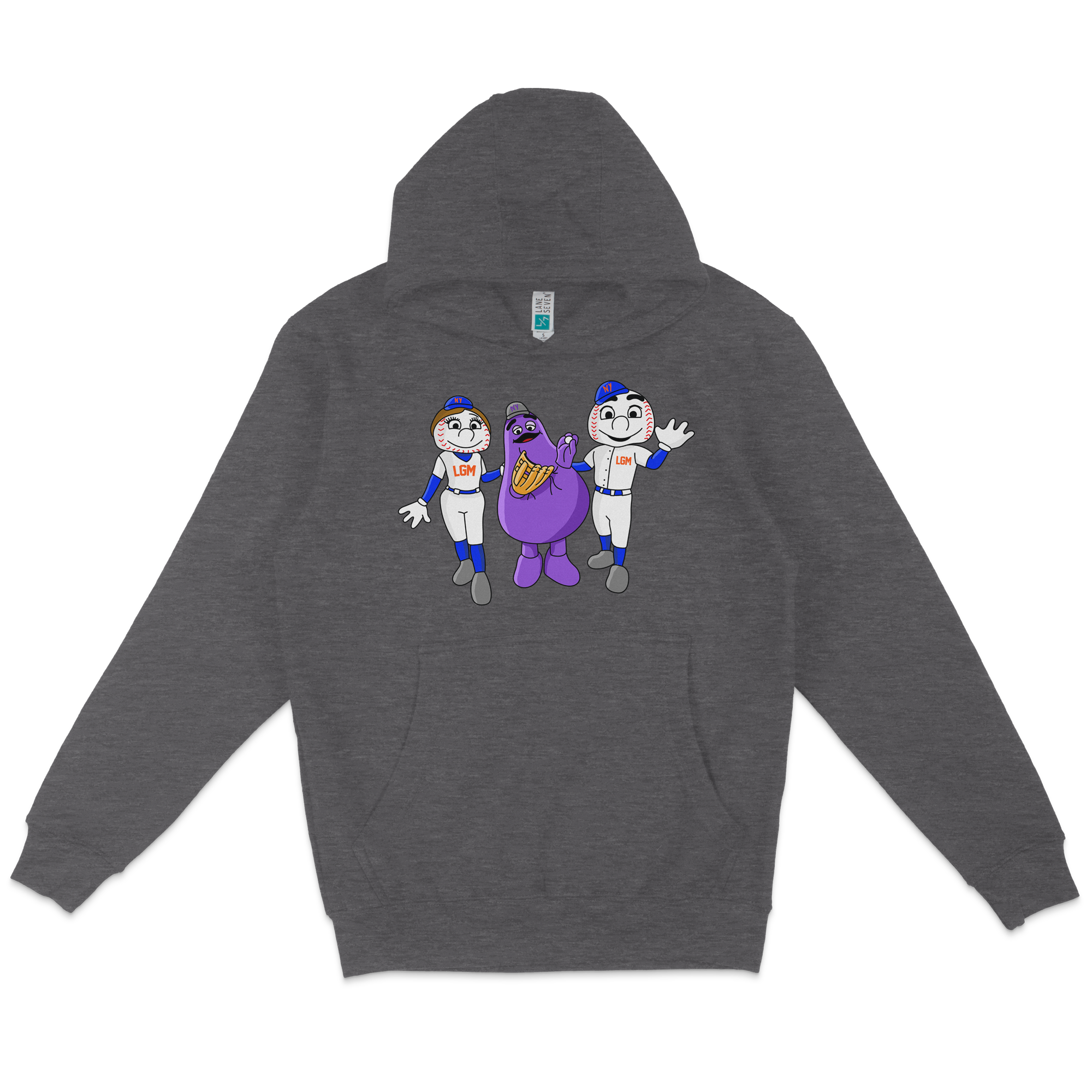 Gray pullover fleece hoodie featuring a colorful cartoon design of two baseball players and a purple mascot character on the front.