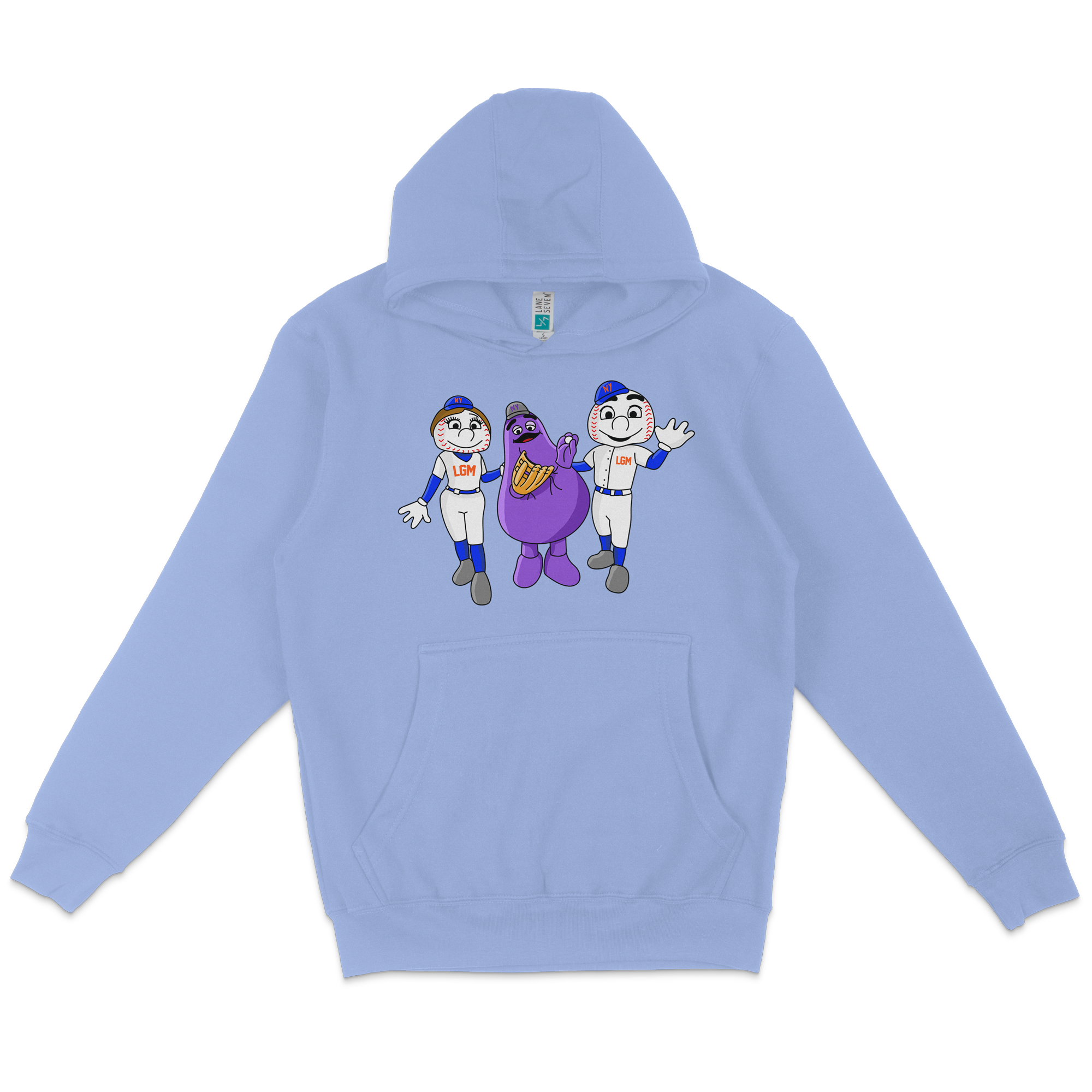 Light blue pullover fleece hoodie featuring cartoon characters of two baseball players and a purple mascot with a glove.