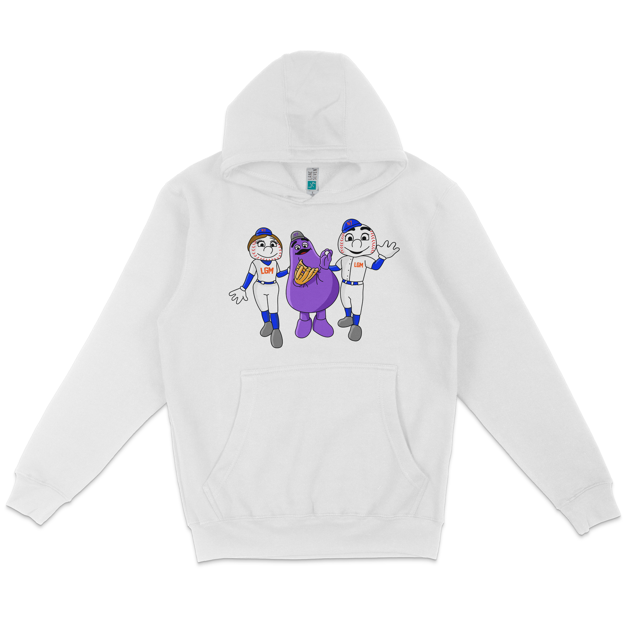 White pullover fleece hoodie featuring cartoon characters of two baseball players and a purple mascot, all smiling and waving.