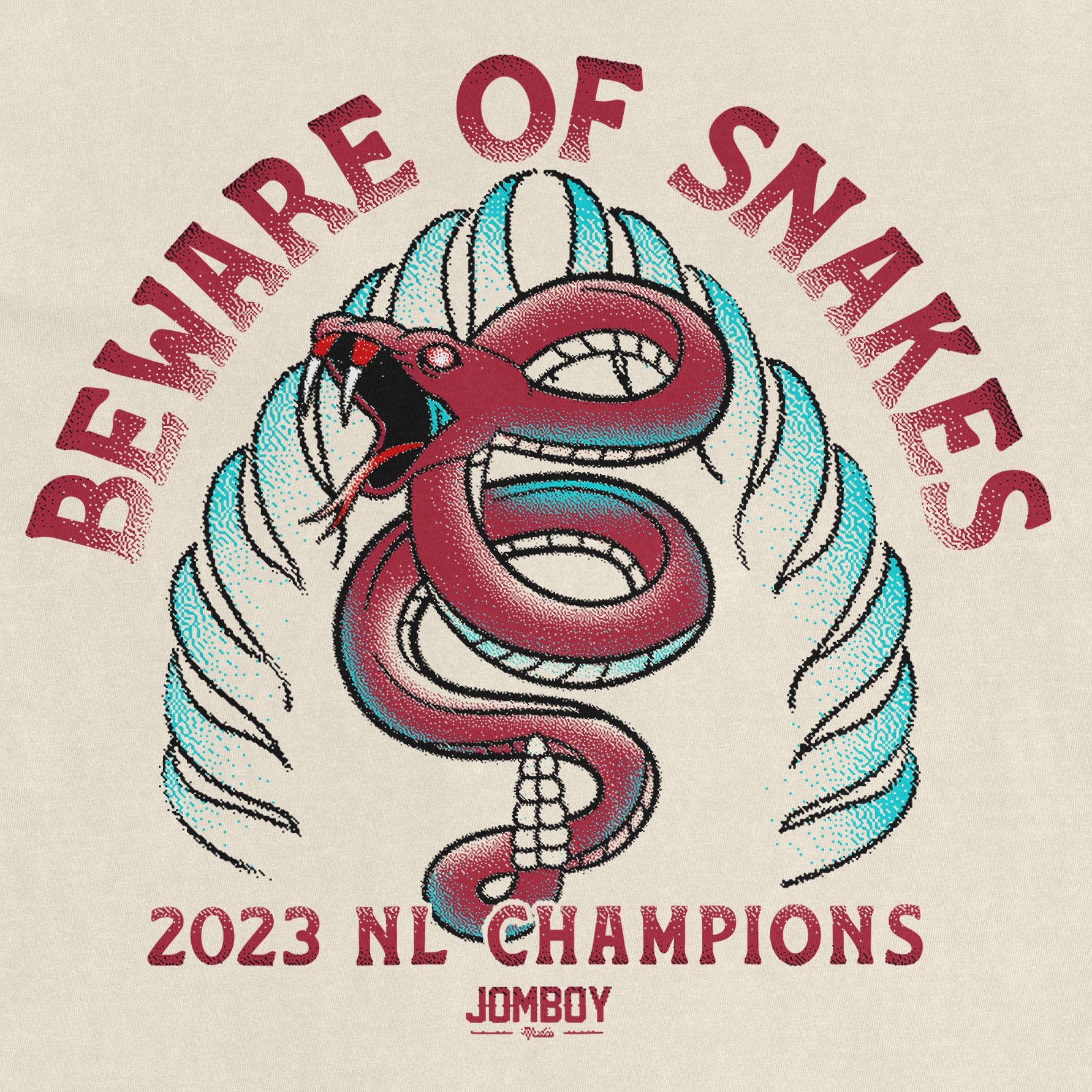 Comfort Colors tee featuring a snake coiled around a baseball with the text "Beware of Snakes," celebrating 2023 NL Champions.