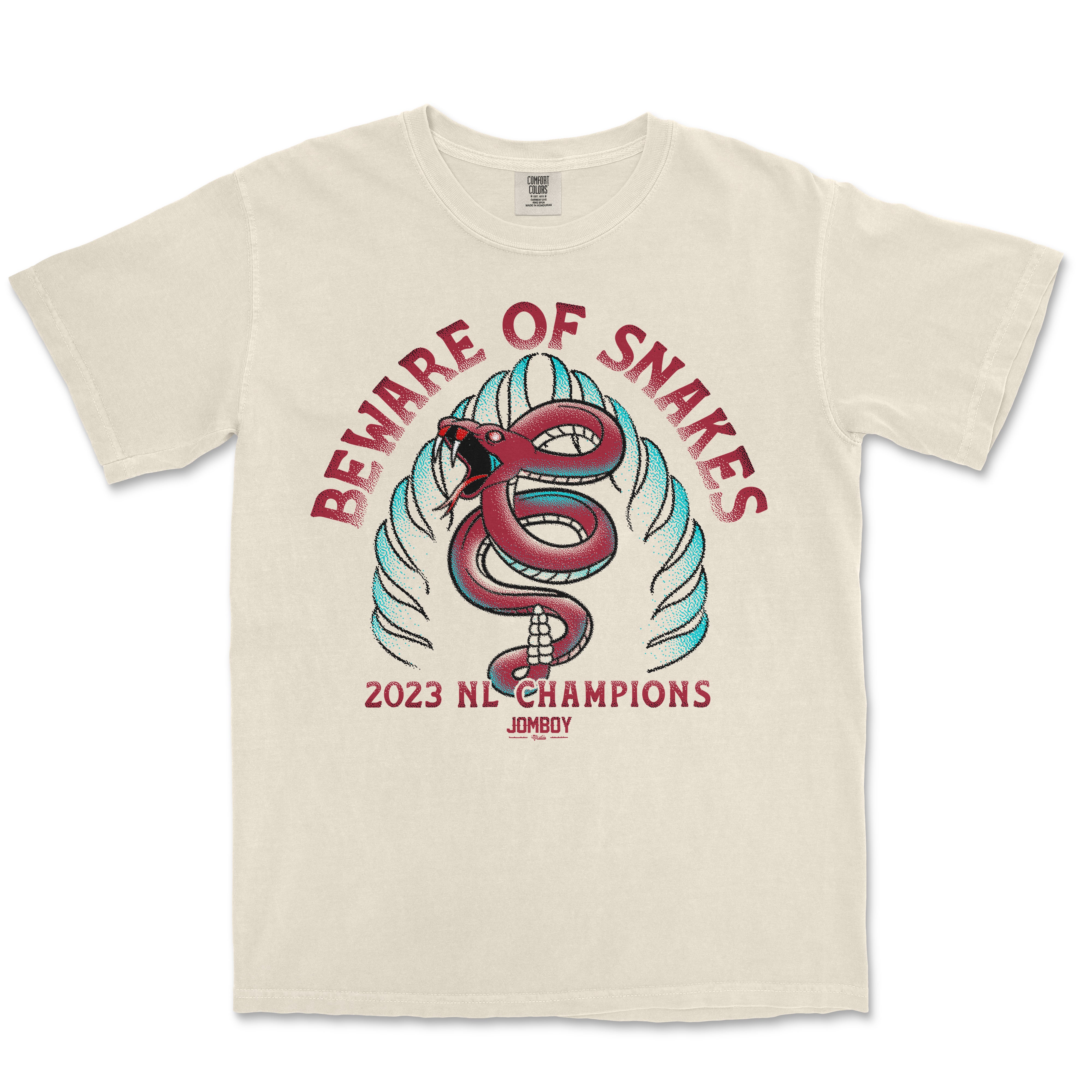Comfort Colors tee featuring a snake illustration with the text "Beware of Snakes," celebrating 2023 NL Champions Jomboy.