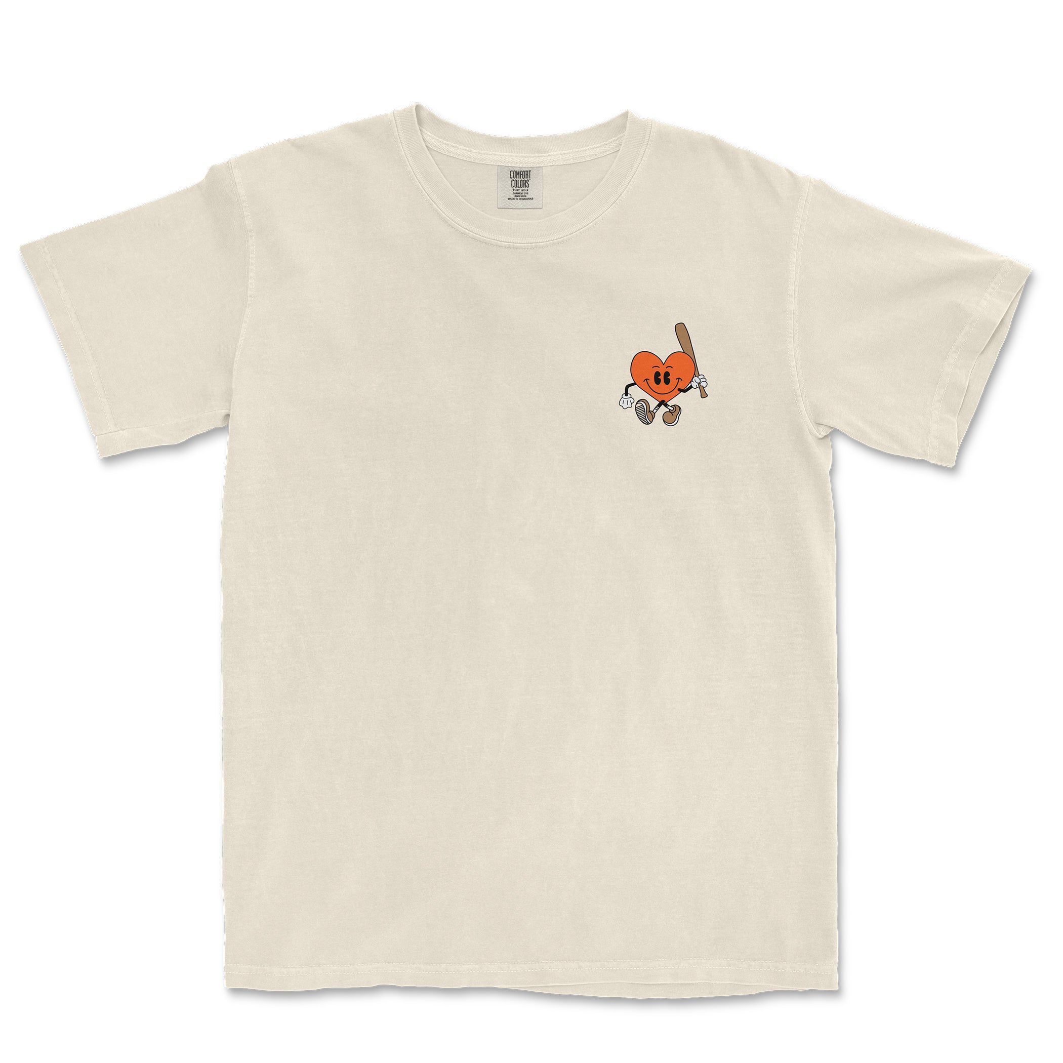 Comfort Colors tee featuring a cute heart character holding a baseball bat, with a playful, casual design.