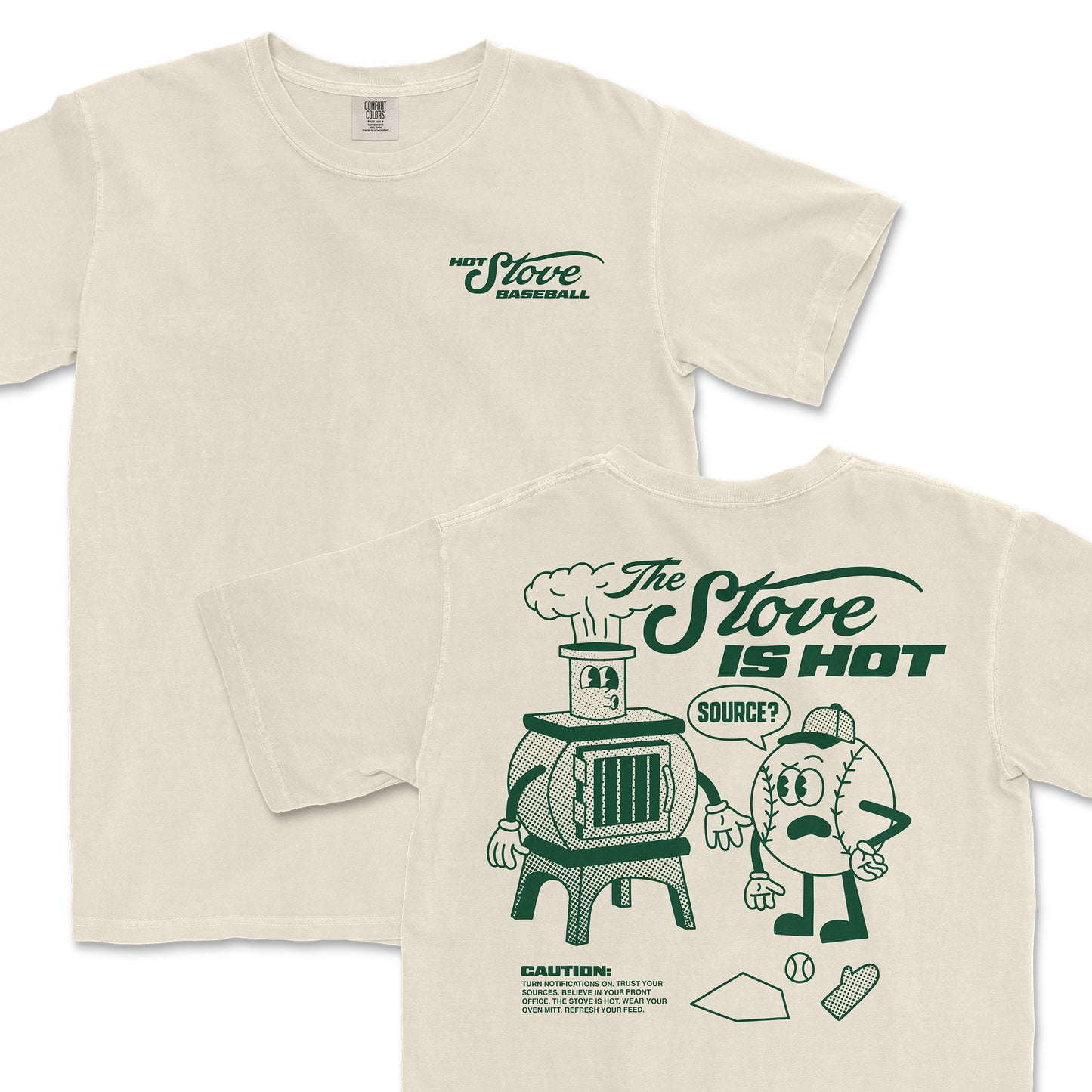 Front and back view of a Comfort Colors tee featuring a vintage-style "Hot Stove Baseball" design with a cartoon stove and baseball character.