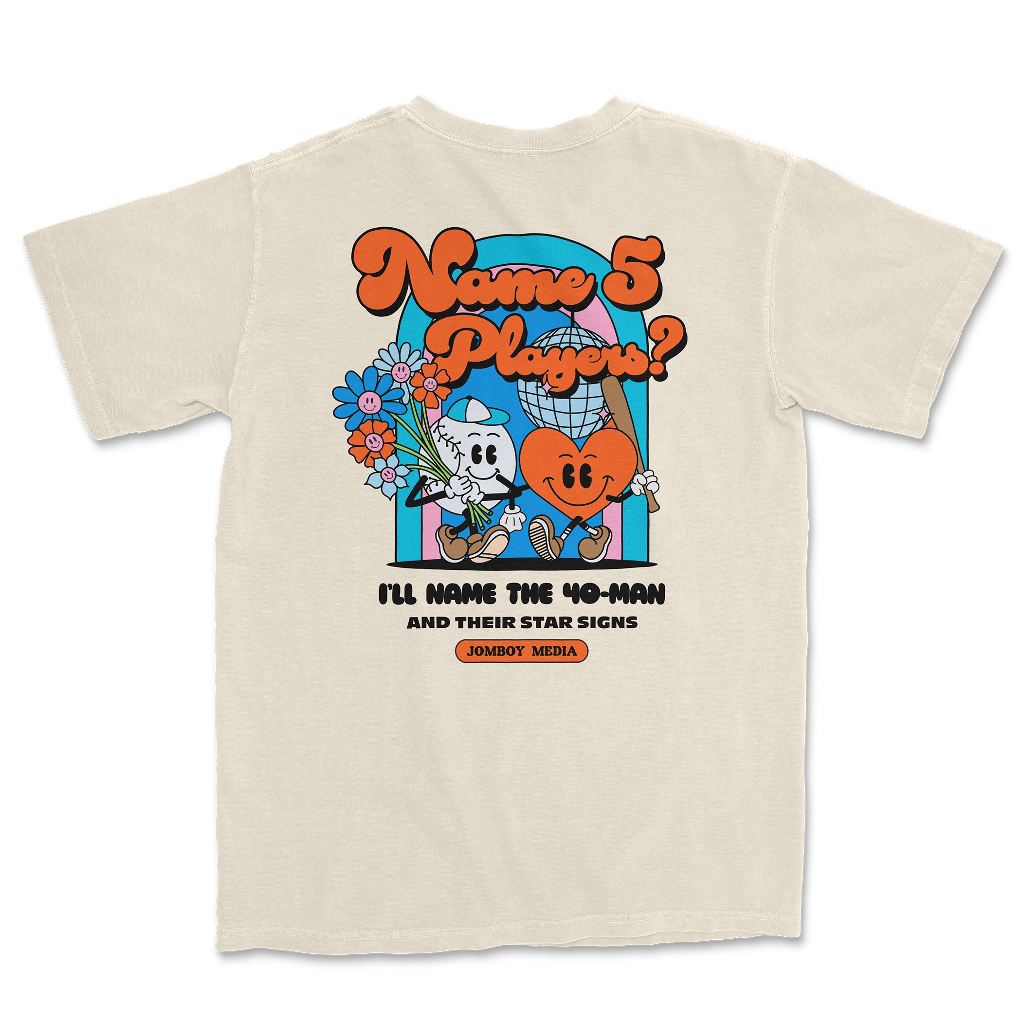 Comfort Colors tee featuring cartoon characters, colorful graphics, and playful text about naming five players.