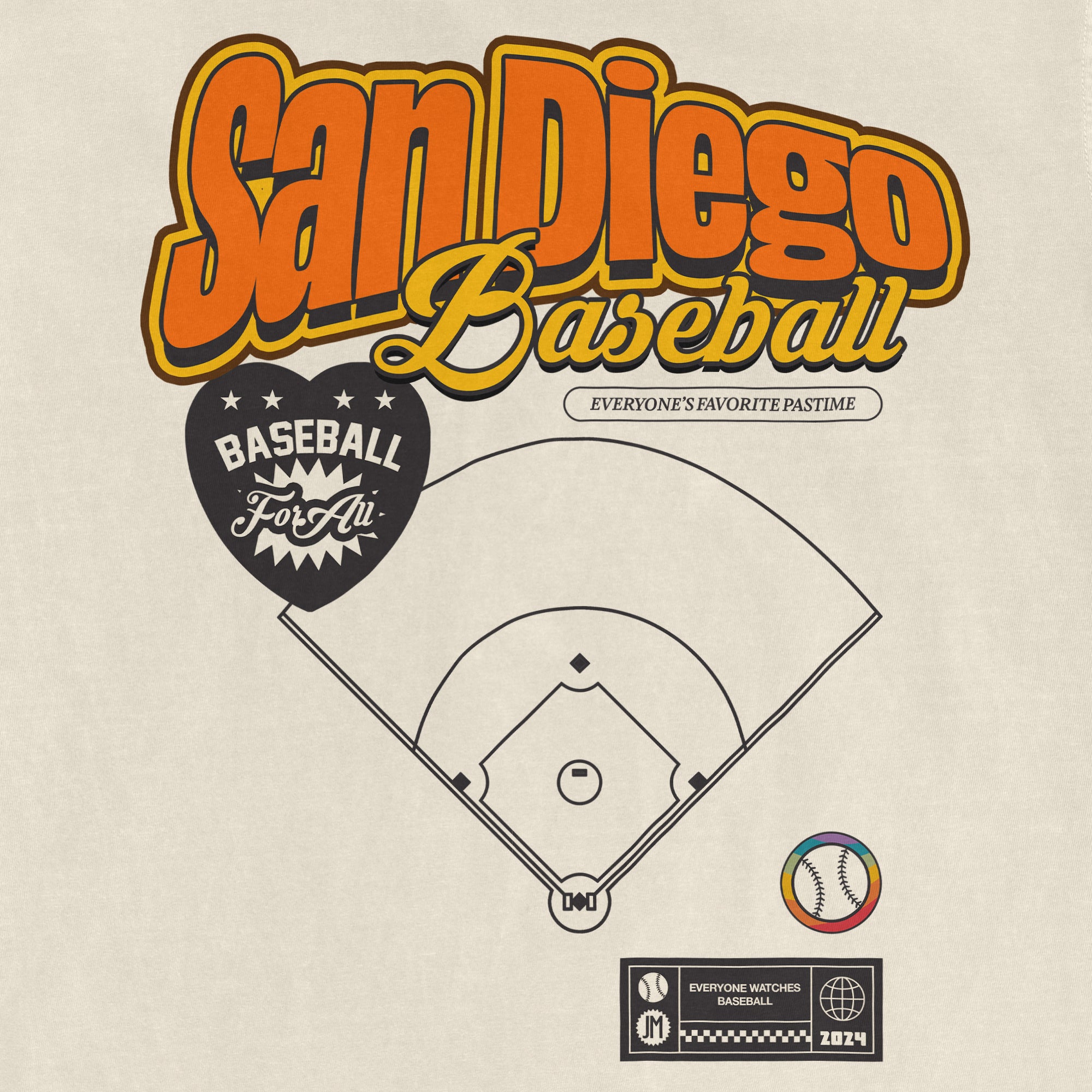 Graphic design featuring "San Diego Baseball Pride" text, a baseball diamond diagram, and a colorful baseball icon.