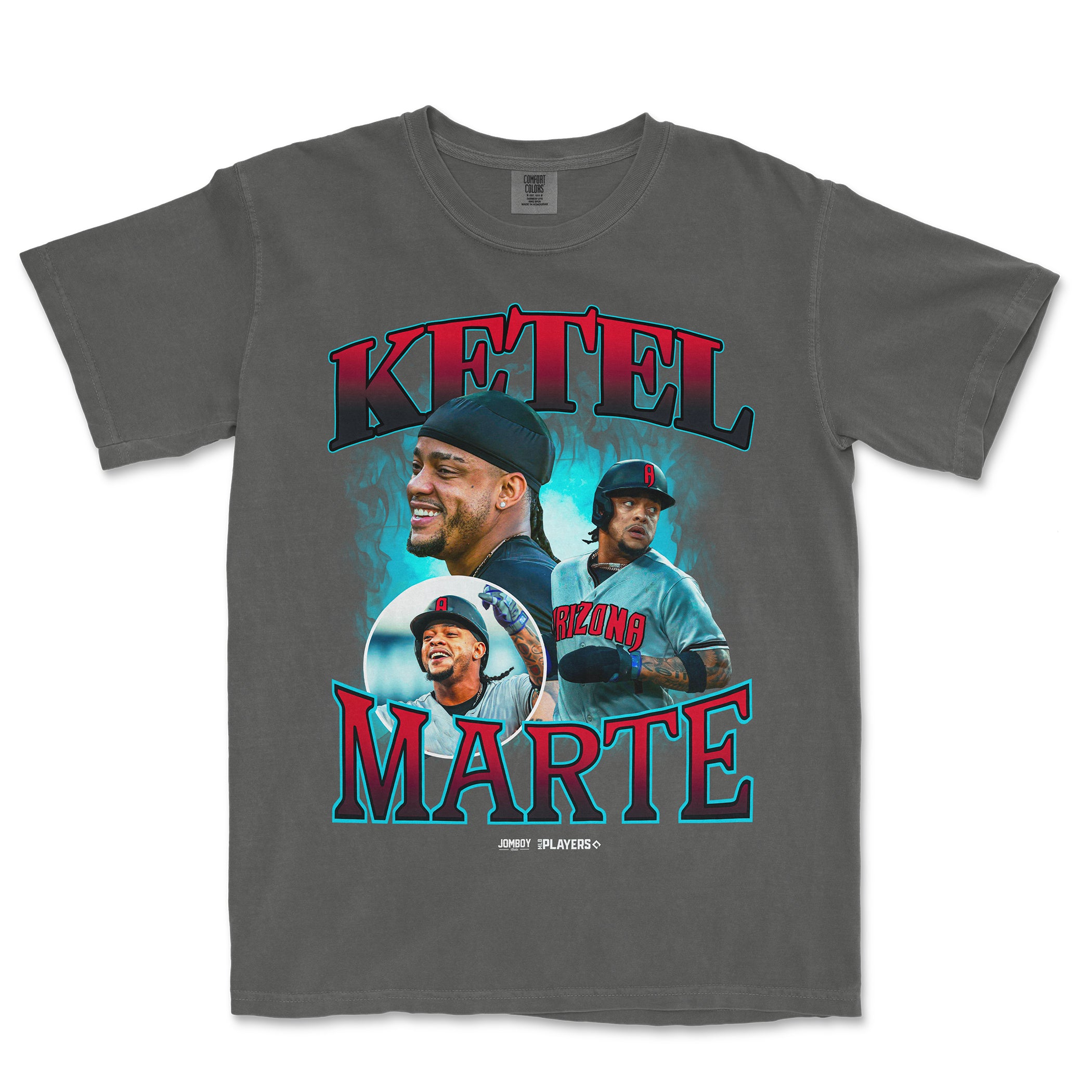 Gray Comfort Colors T-shirt featuring multiple images of Ketel Marte in a baseball uniform with "Ketel Marte" text in bold red and blue.