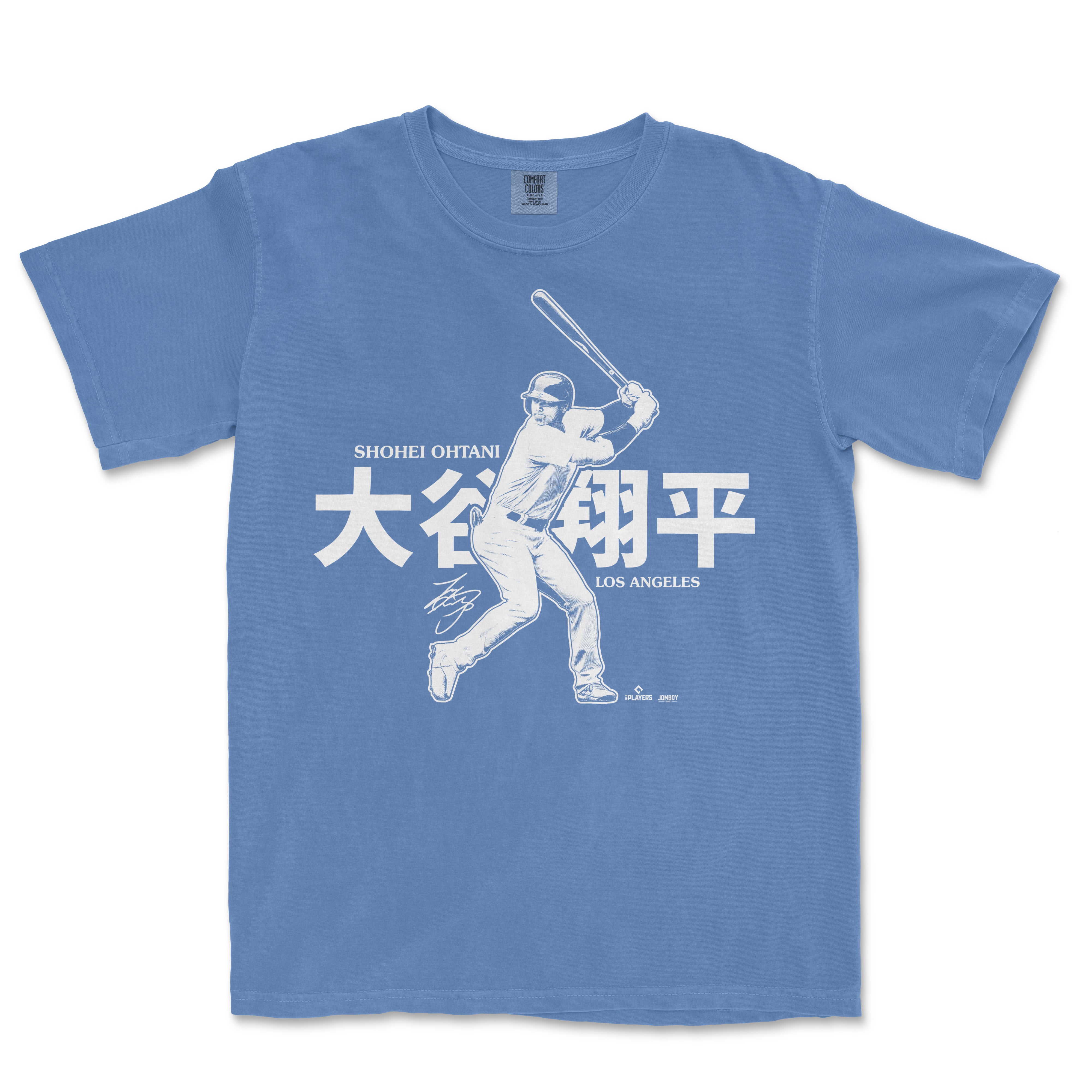 Blue T-shirt featuring a graphic of Shohei Ohtani batting, with Japanese characters, "LA Signature Series" text, and Ohtani's signature.
