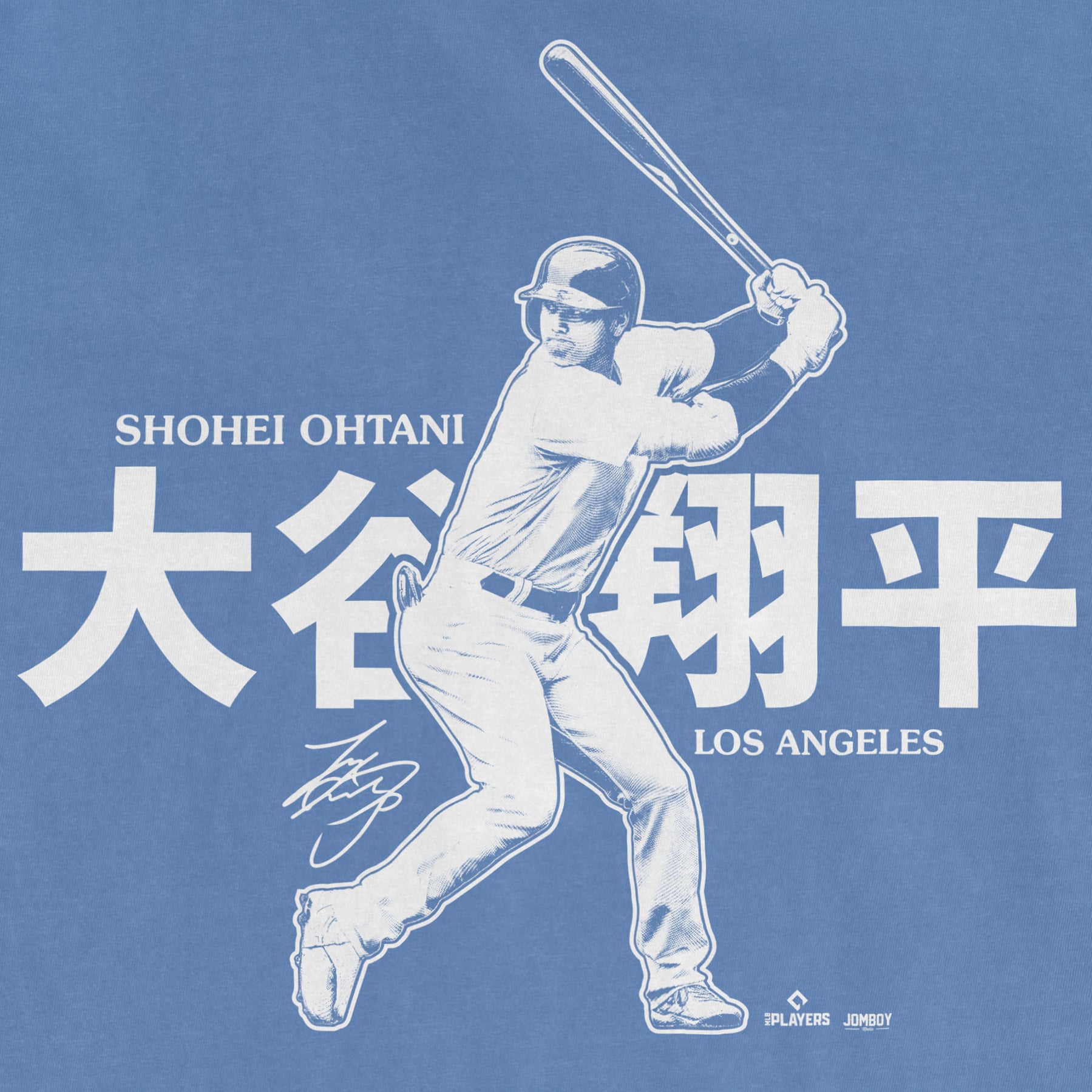 Blue graphic featuring Shohei Ohtani in a batting pose, with Japanese characters, "LA Signature Series," and signatures.