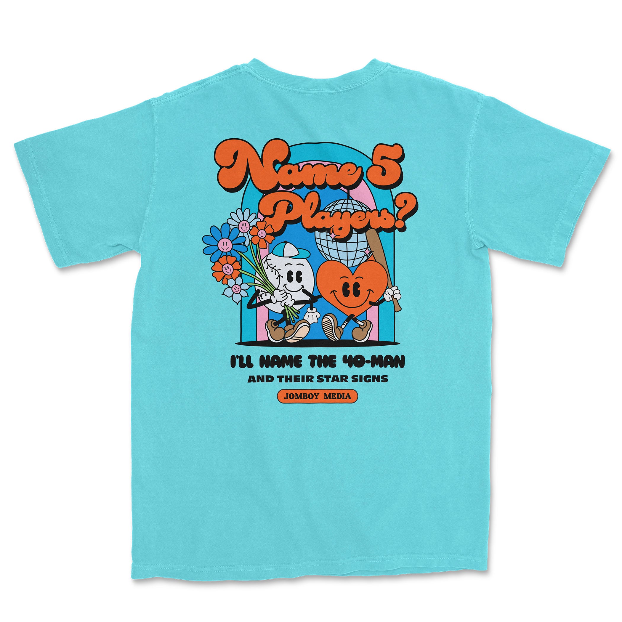 Back of a turquoise Comfort Colors T-shirt featuring cartoon characters, playful text, and a design inspired by 70s style.