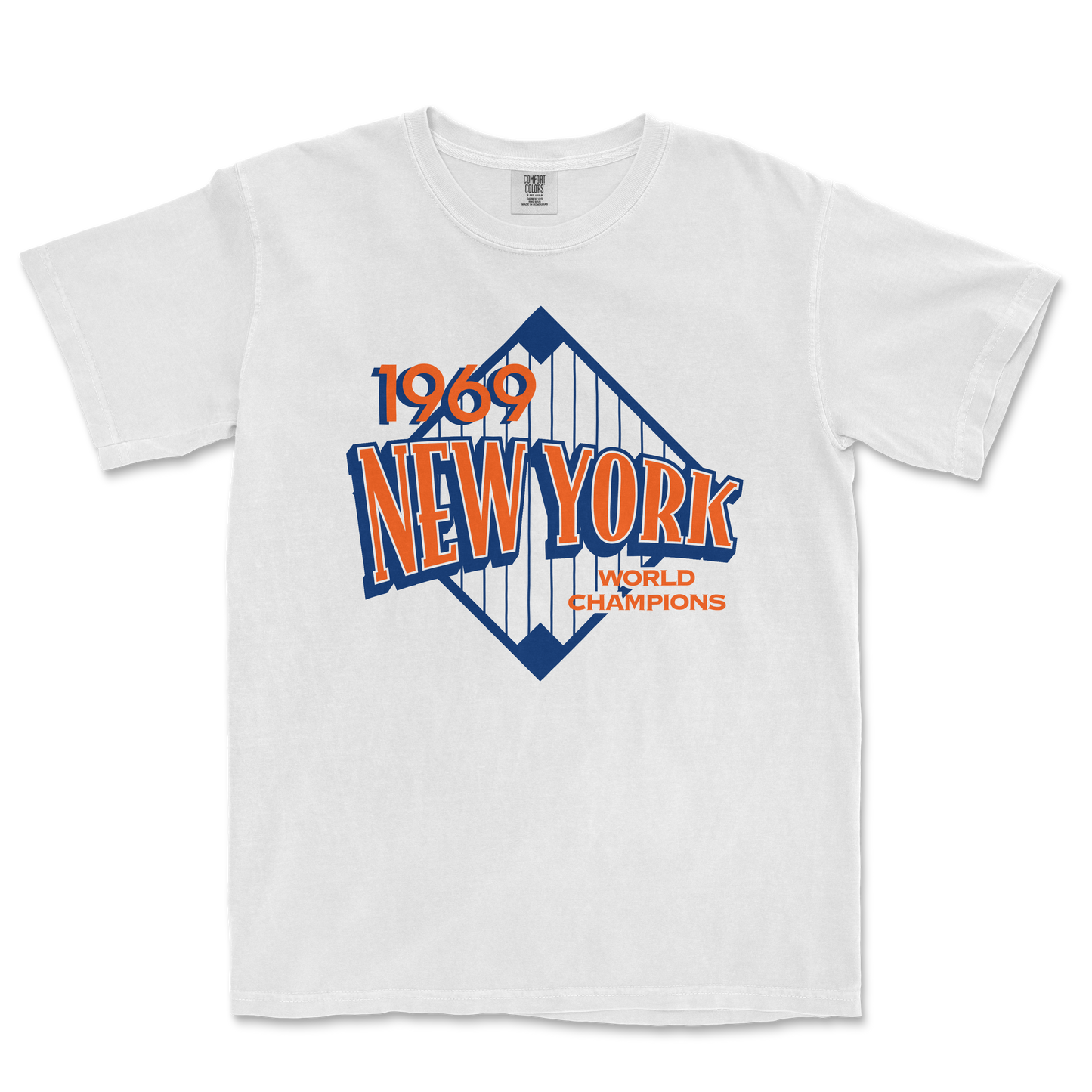 White Comfort Colors T-shirt featuring a vintage NYM City design with "1969 New York World Champions" and a bridge graphic.