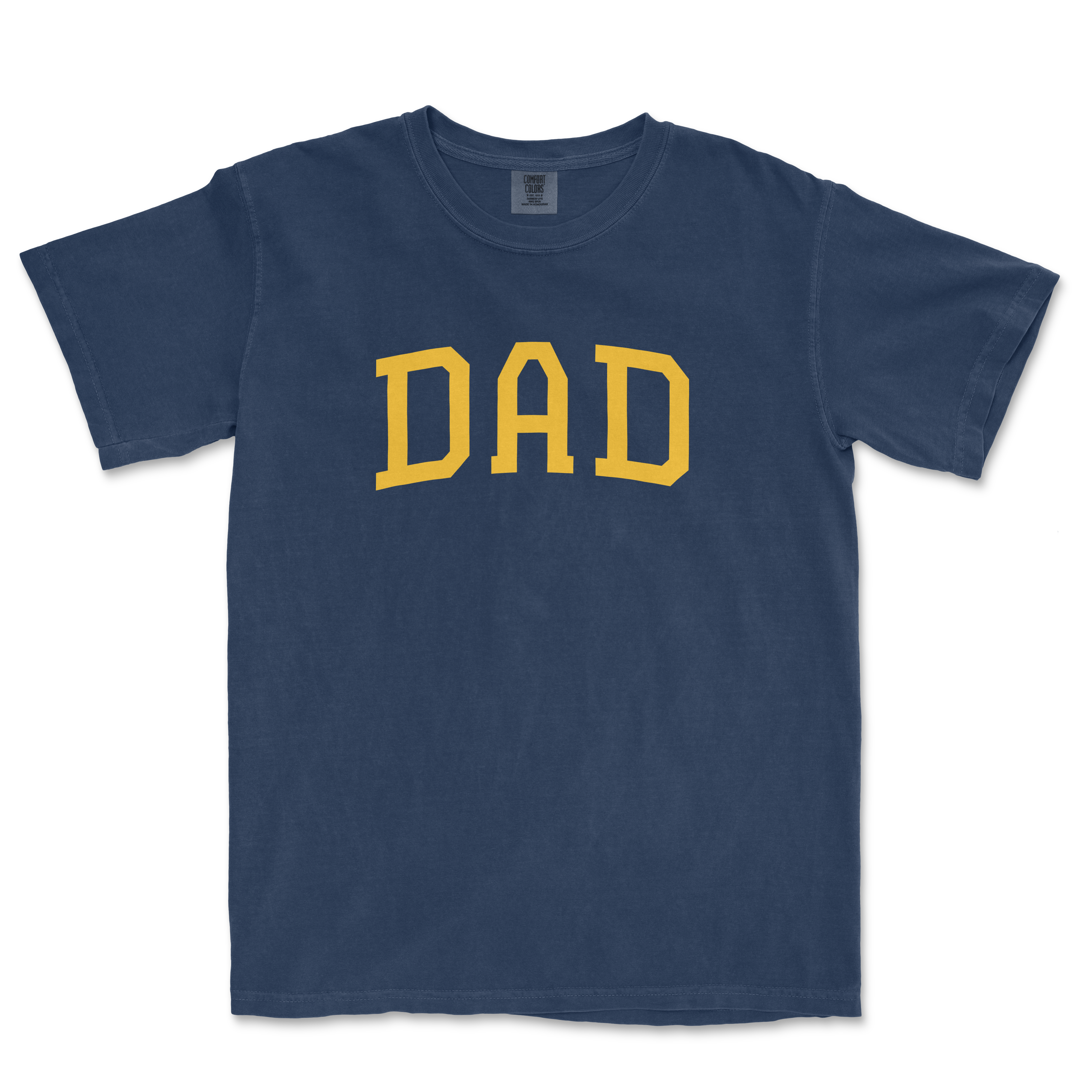 Navy blue t-shirt featuring bold yellow text that reads "DAD," perfect for baseball-loving fathers.