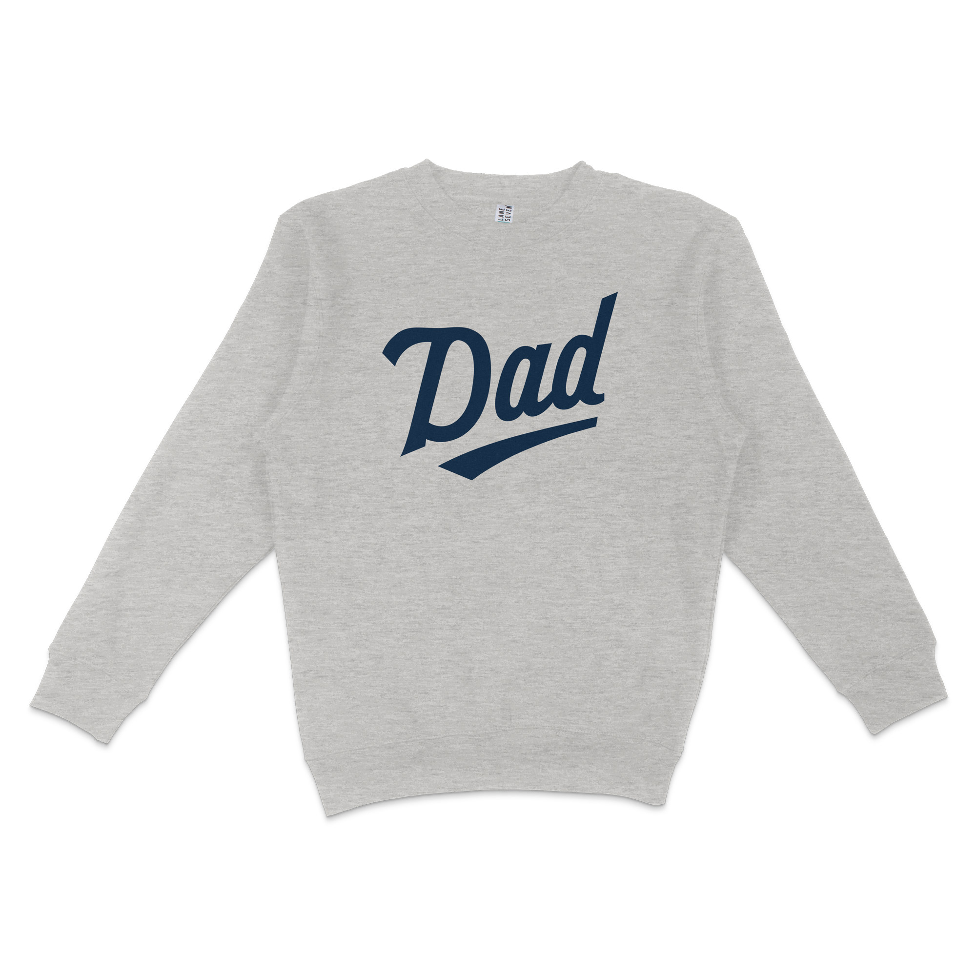 Gray crewneck sweatshirt with "Dad" in bold navy blue text, perfect for Minnesota baseball dads.