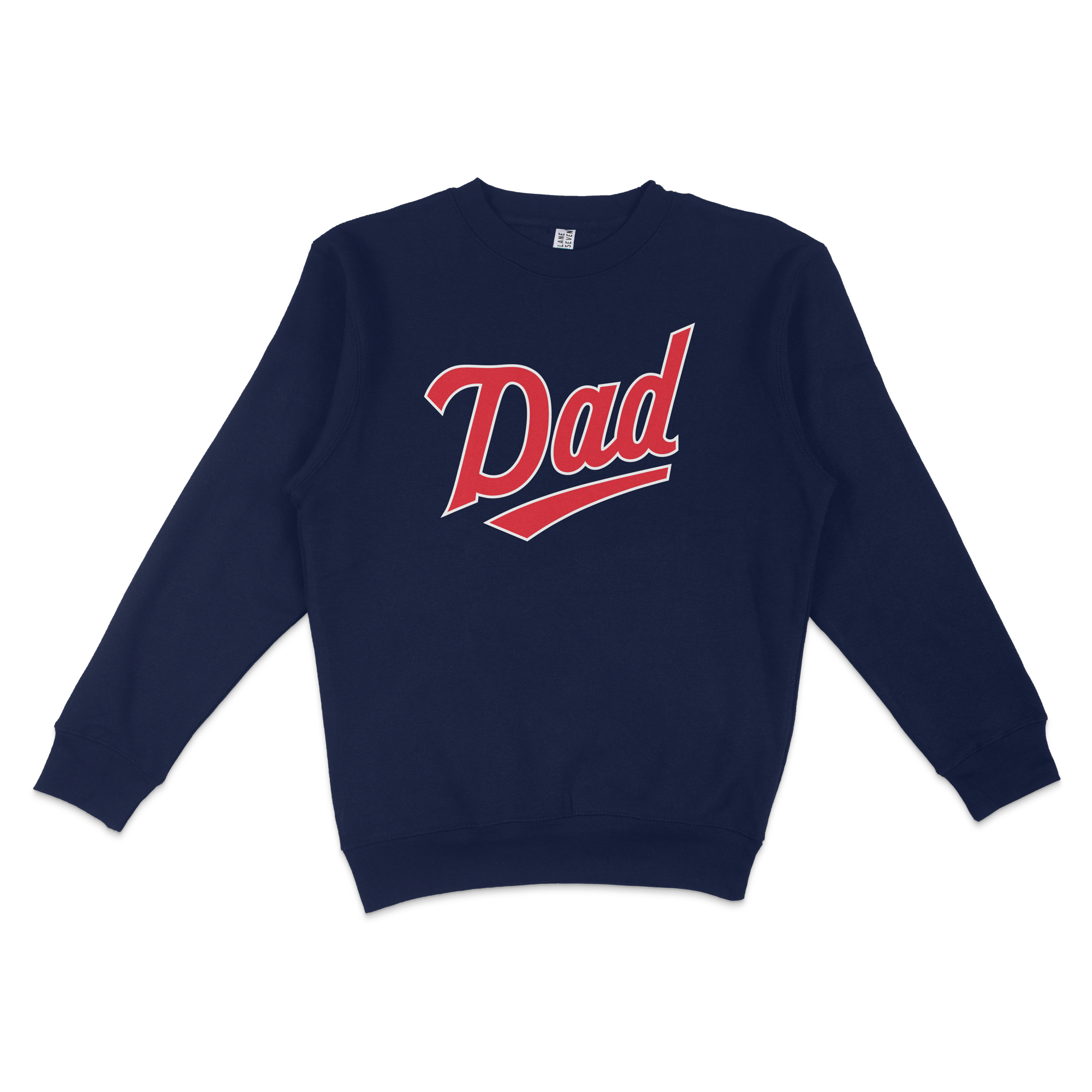 Navy crewneck sweatshirt with red and white "Dad" text, designed for Minnesota baseball dads.
