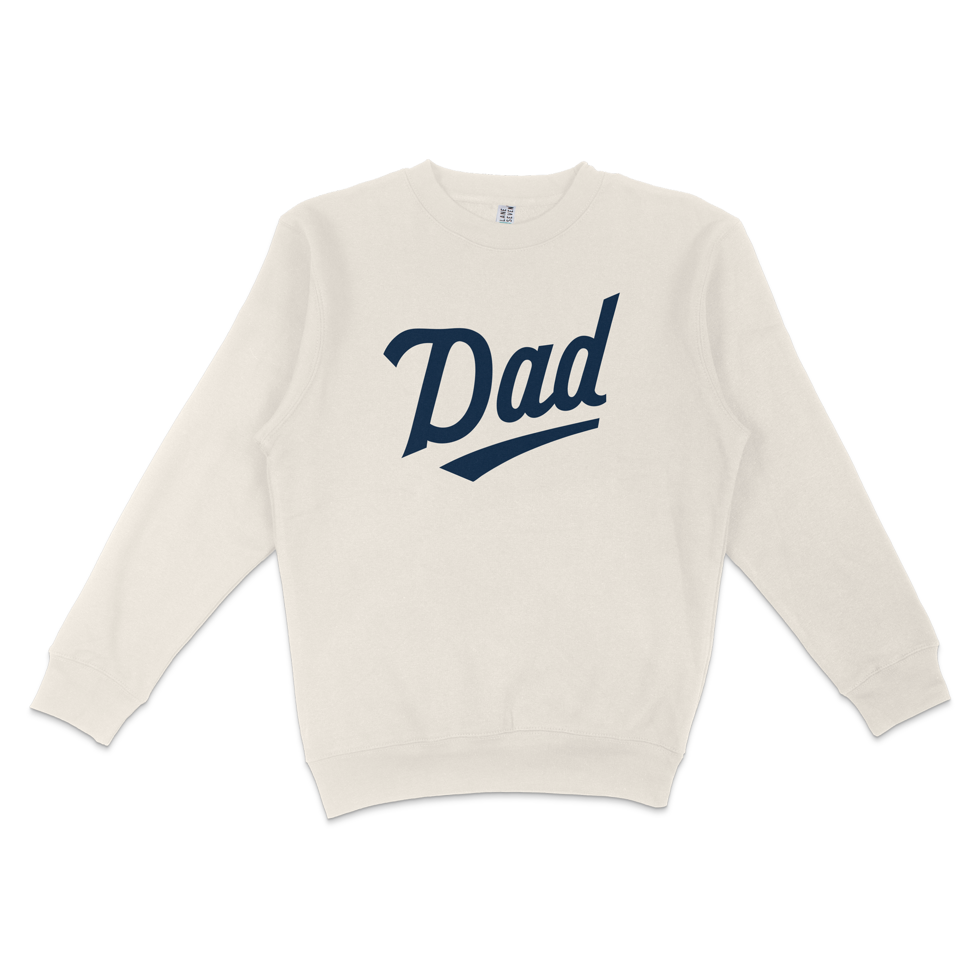 Cream-colored crewneck sweatshirt with "Dad" written in bold navy blue script, perfect for Minnesota baseball dads.