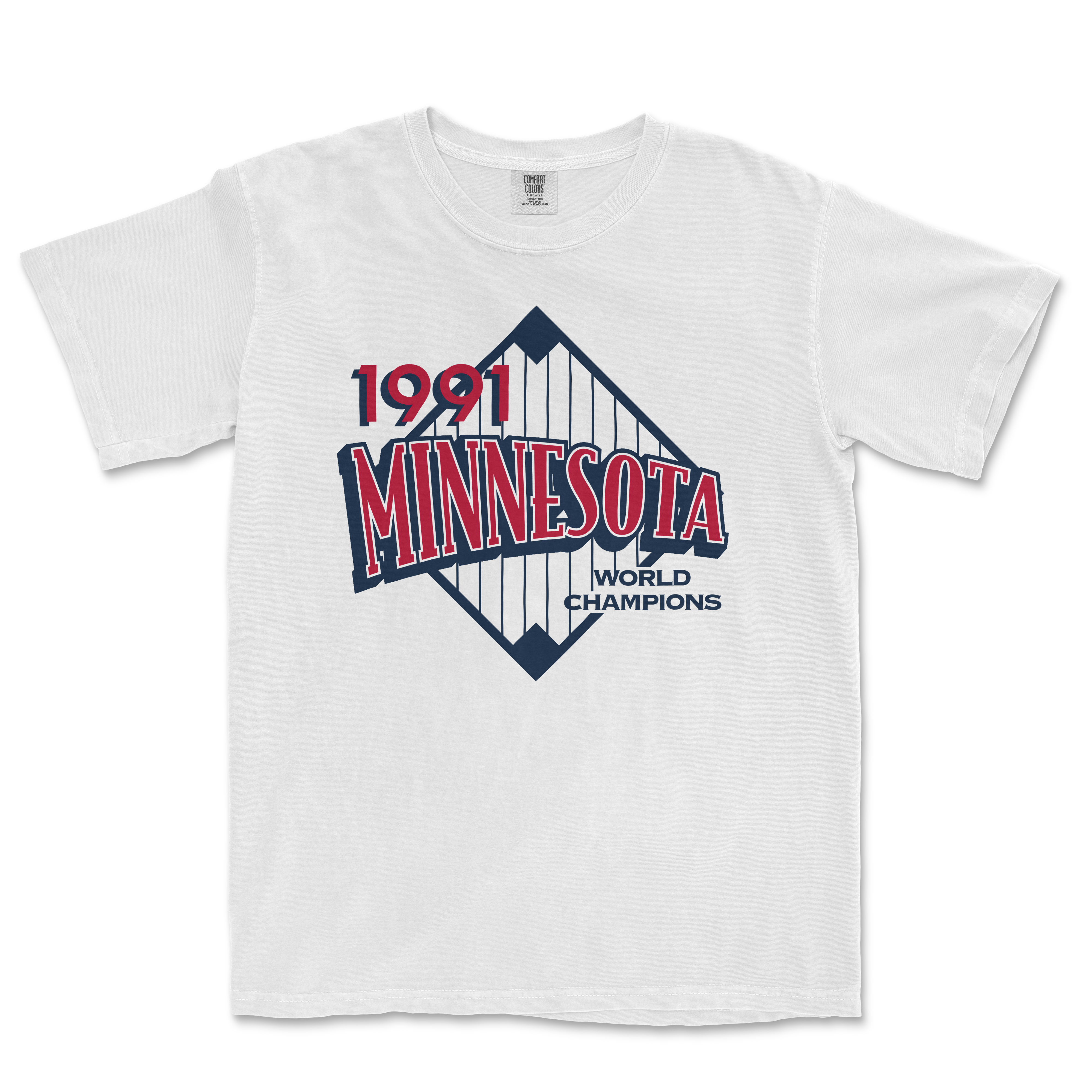 White Comfort Colors T-shirt featuring a vintage Minnesota 1991 World Champions graphic with a baseball diamond design.