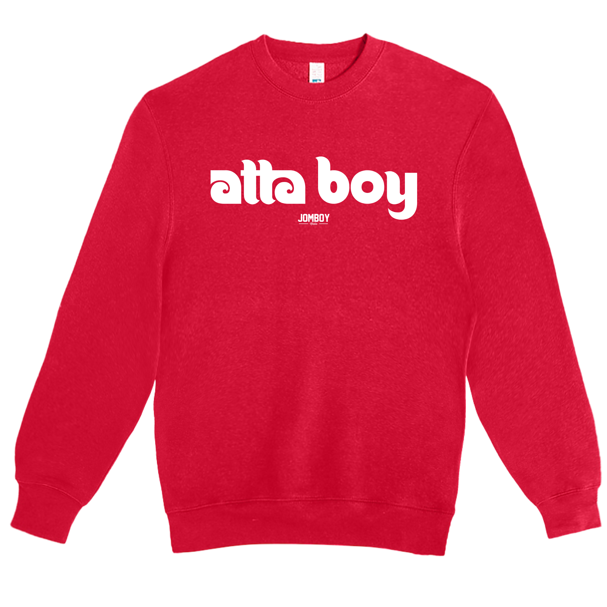 Red crewneck sweatshirt with "Atta Boy" text and small "JomBoy" logo in white on the front.