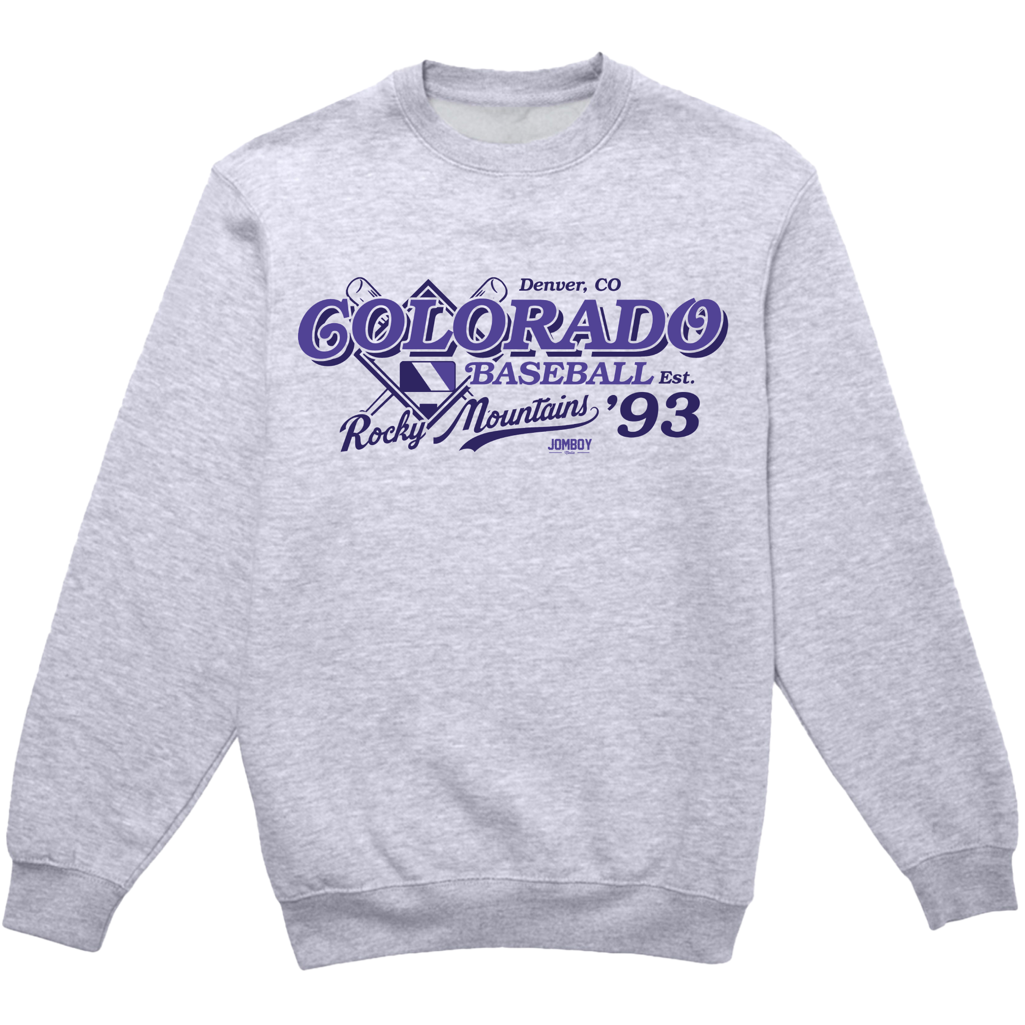 Gray crewneck sweatshirt featuring vintage Colorado baseball design with purple text and graphics, including Rocky Mountains and '93.