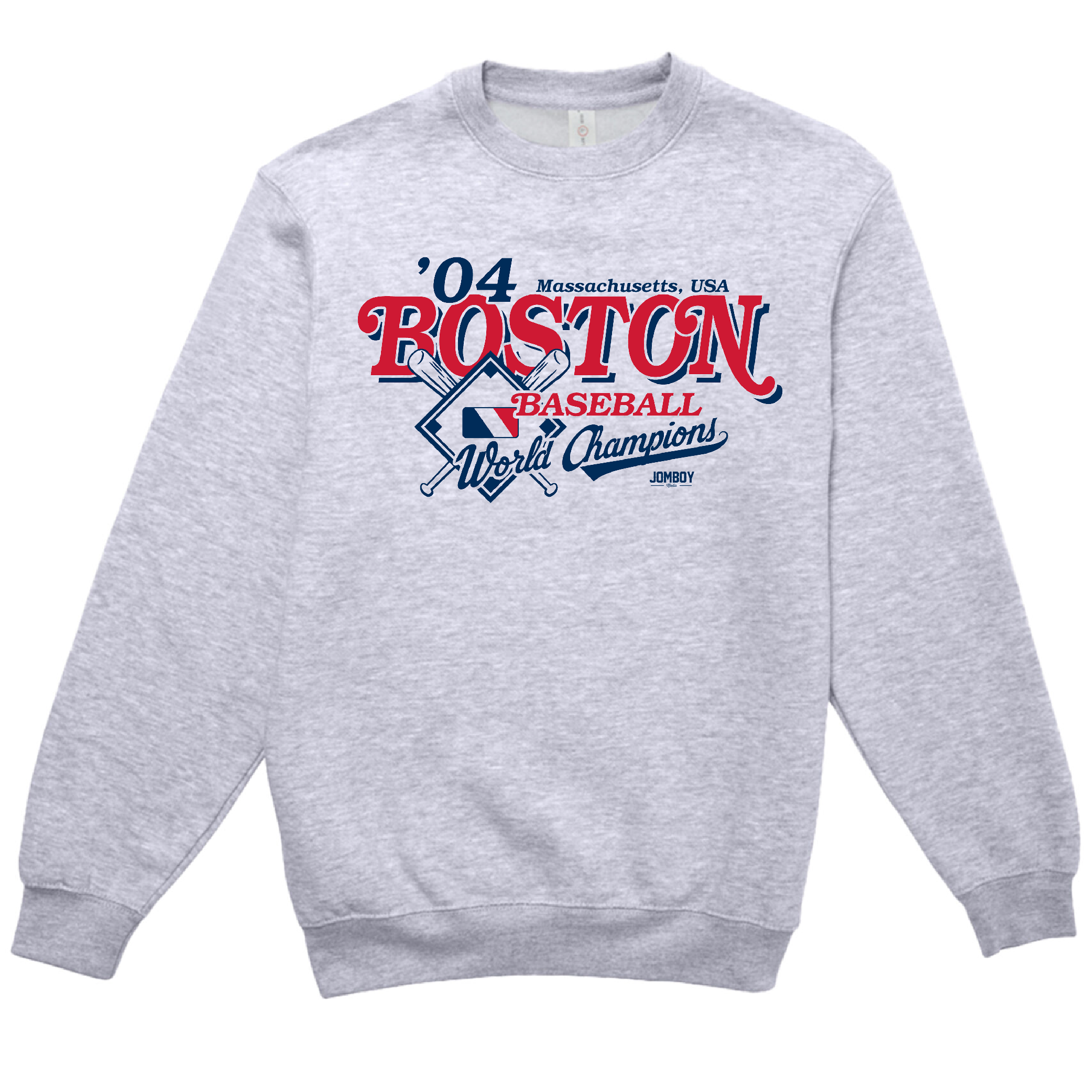 Gray crewneck sweatshirt featuring vintage Boston baseball World Champions design with text, baseball graphics, and team details.