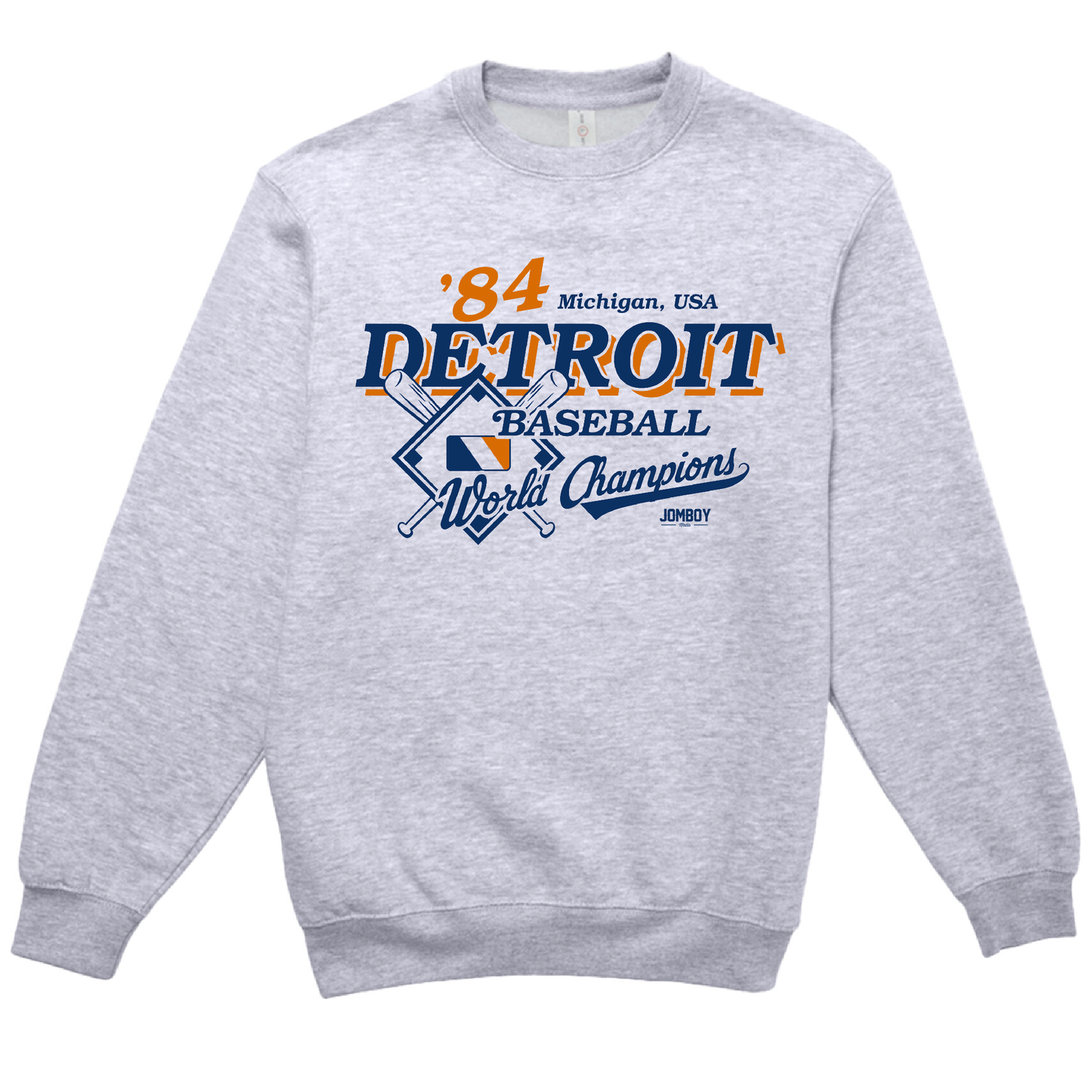 Gray crewneck sweatshirt featuring vintage Detroit baseball team design, "84," "World Champions," and crossed baseball bats.