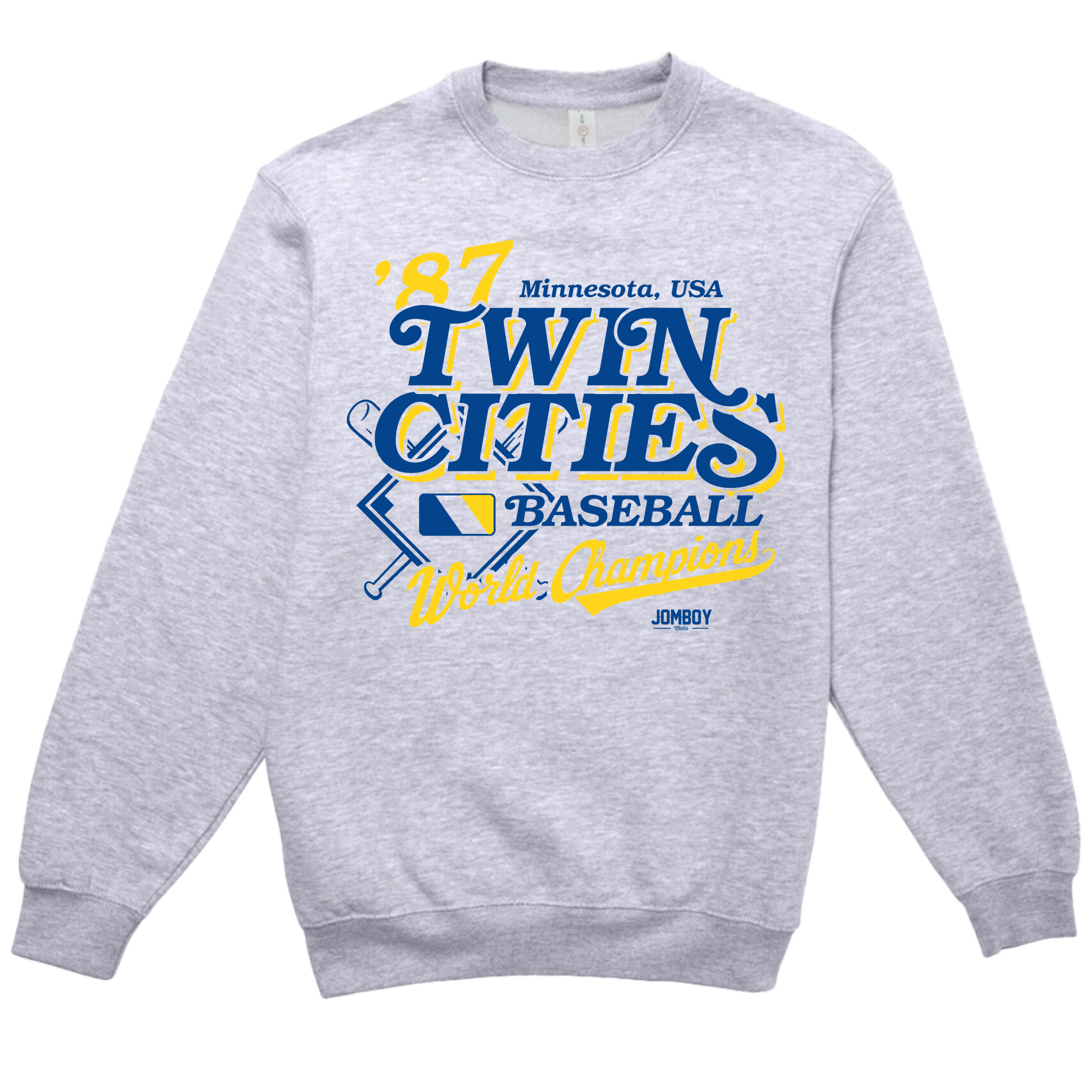 Gray crewneck sweatshirt featuring bold blue and yellow text celebrating Twin Cities baseball champions and 1987 Minnesota victory.