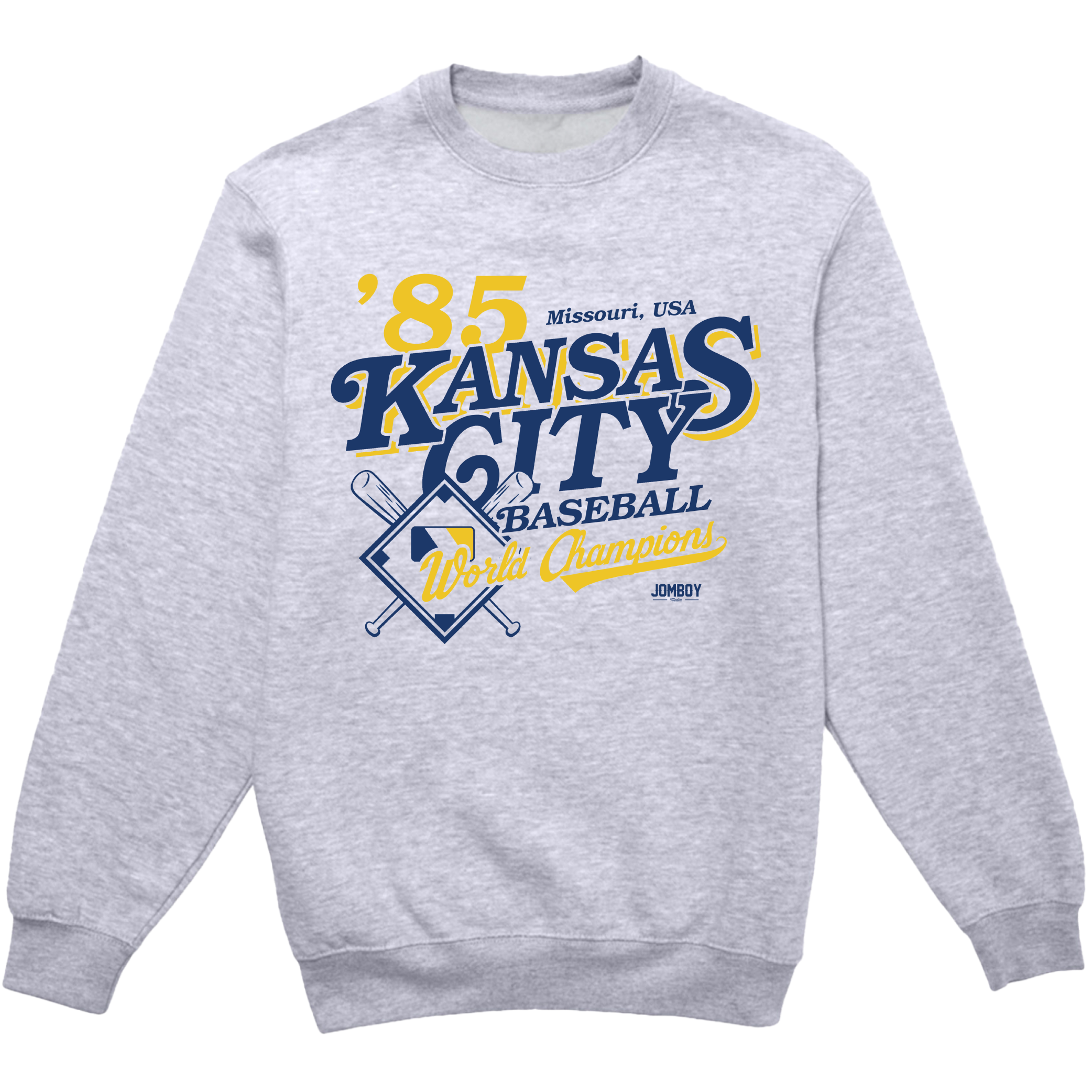 Gray crewneck sweatshirt featuring vintage Kansas City baseball design, "85 World Champions" text, and crossed baseball bats.
