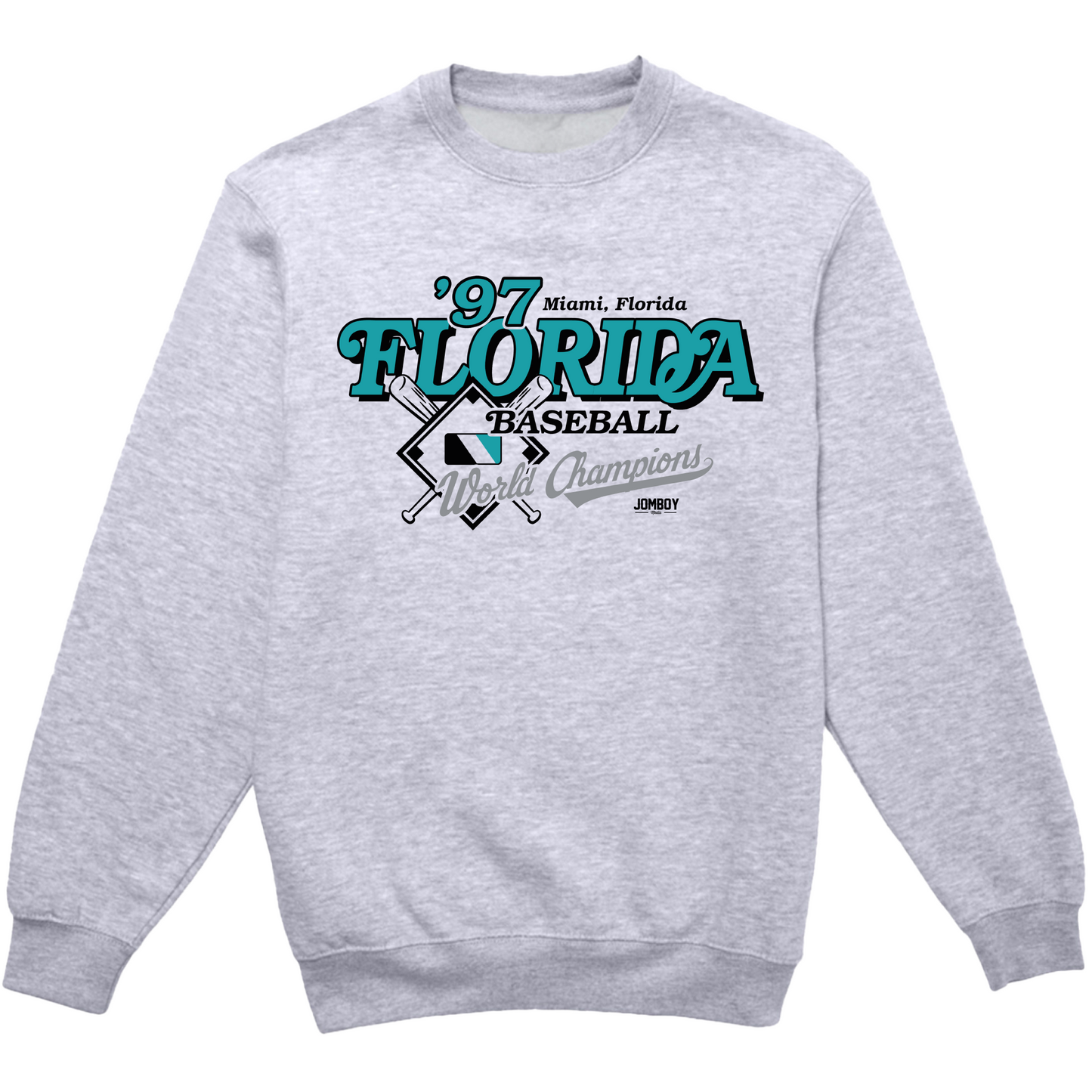 Gray crewneck sweatshirt featuring a vintage-style "Florida Baseball" graphic with crossed bats, a baseball diamond, and "World Champions" text.