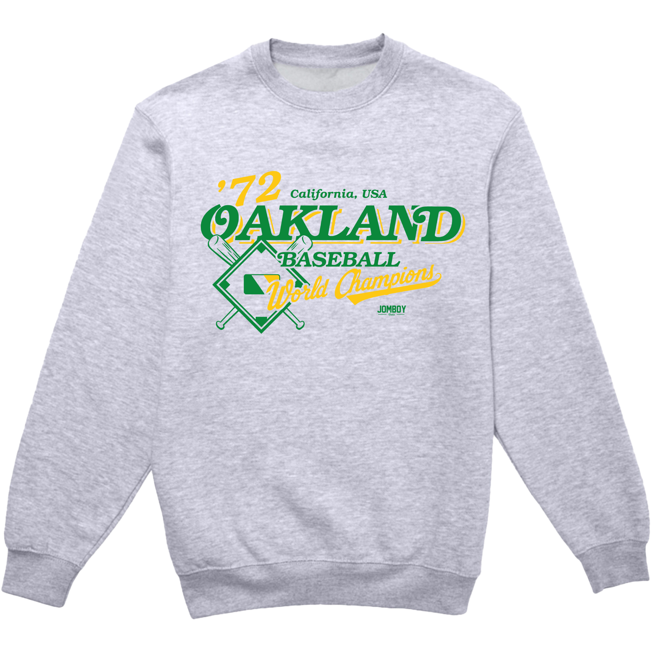 Gray crewneck sweatshirt featuring green, yellow, and white vintage Oakland baseball "World Champions" graphic design.