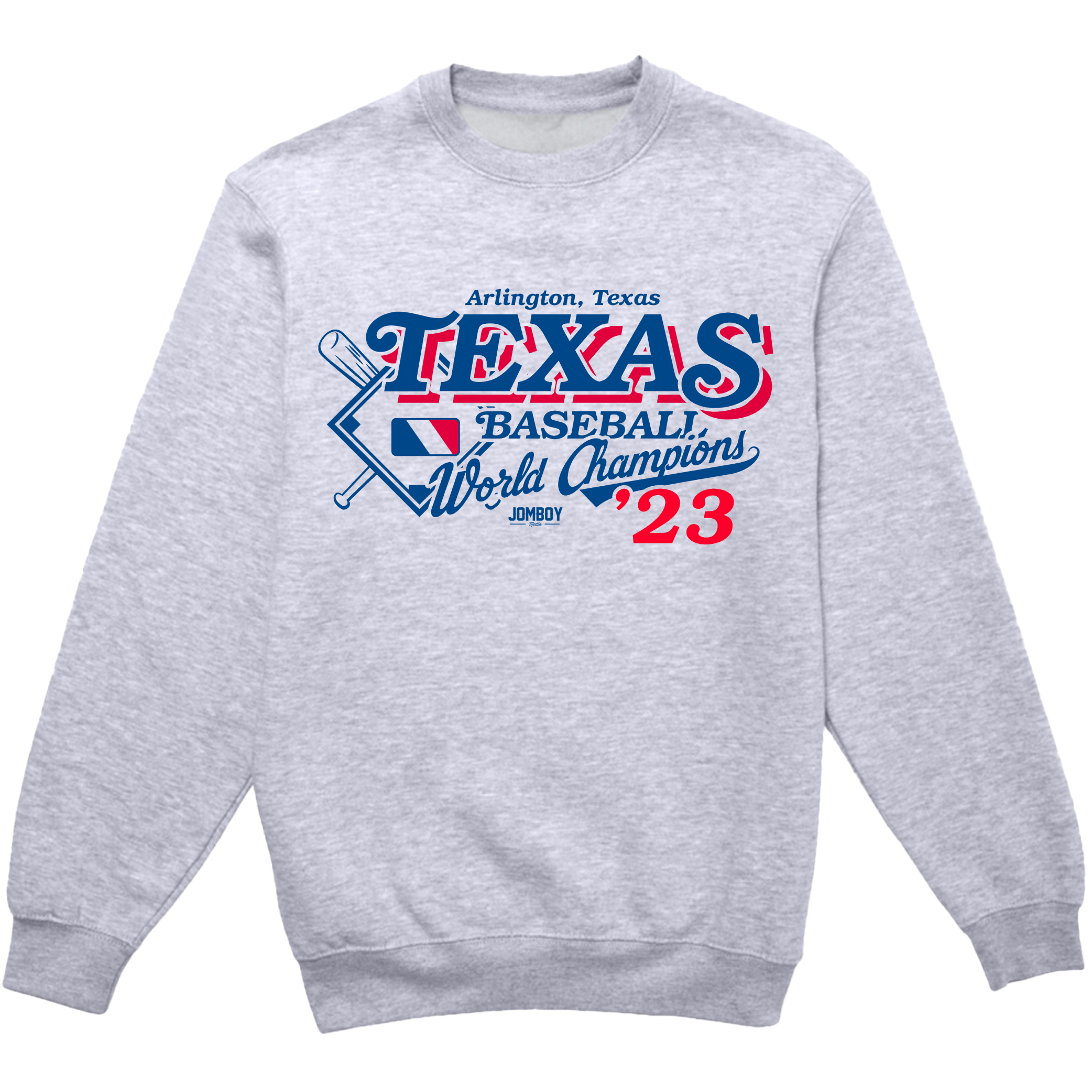 Gray crewneck sweatshirt featuring a vintage Texas baseball World Champions design with text and graphics.