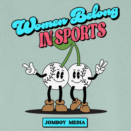 Colorful crewneck sweatshirt featuring cartoon baseballs with arms and legs, celebrating women in sports with the message "Women Belong in Sports.