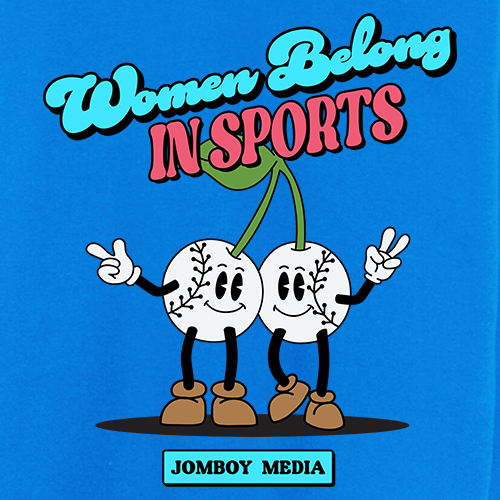 Bright blue crewneck sweatshirt featuring cartoon baseballs with arms and legs, celebrating women in sports with bold text.