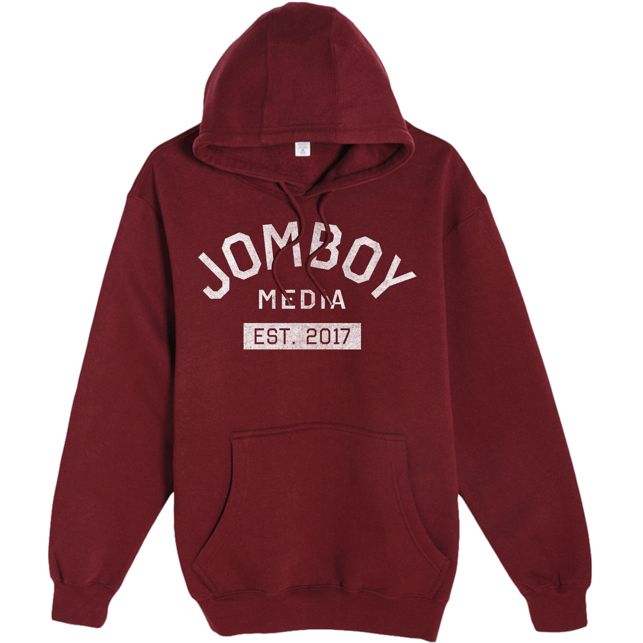 Red pullover fleece hoodie with "Jomboy Media Est. 2017" printed on the front in white, featuring a front pocket and hood.