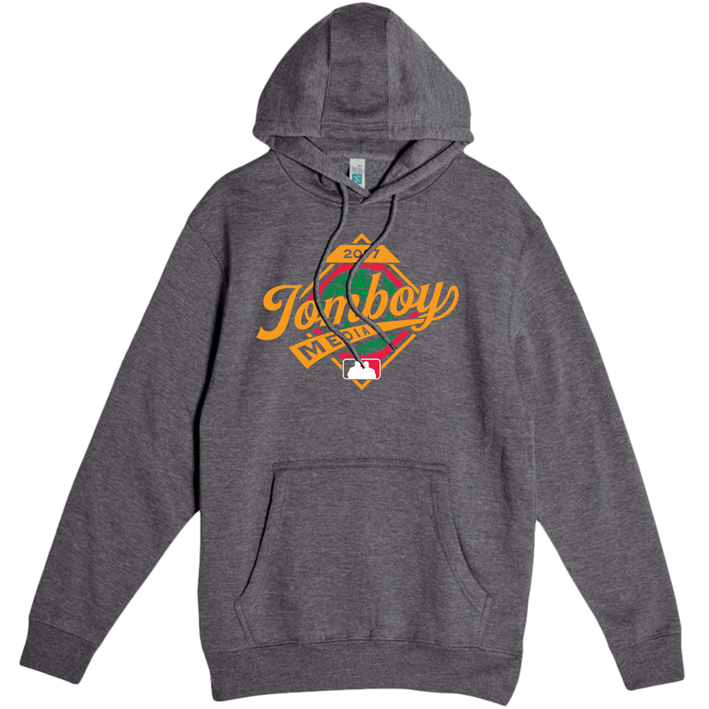 Gray pullover fleece hoodie featuring a colorful "Tomboy Media" logo with a baseball theme and the year 2021.