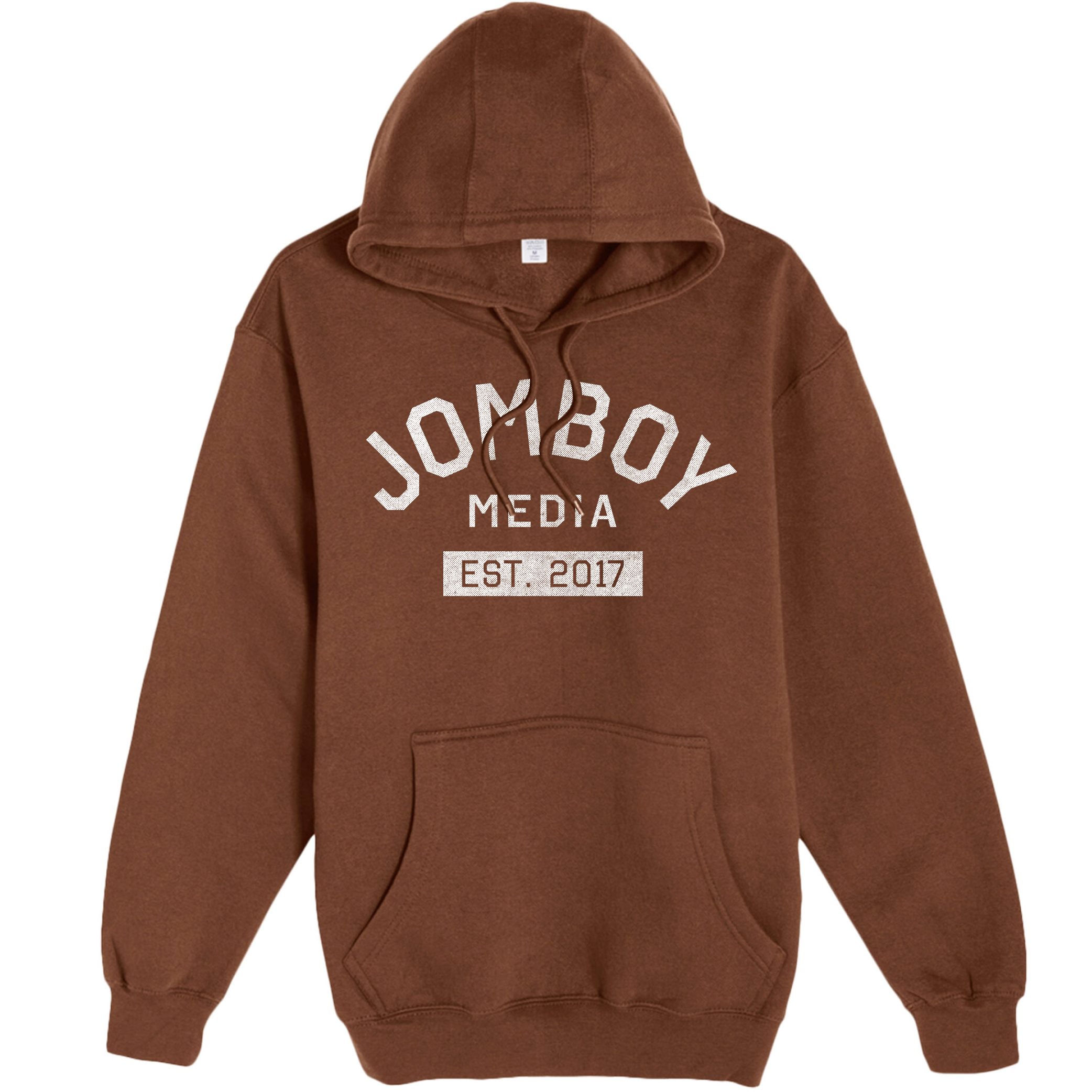 Brown pullover fleece hoodie with "Jomboy Media Est. 2017" printed in white on the front, featuring a front pocket and drawstrings.