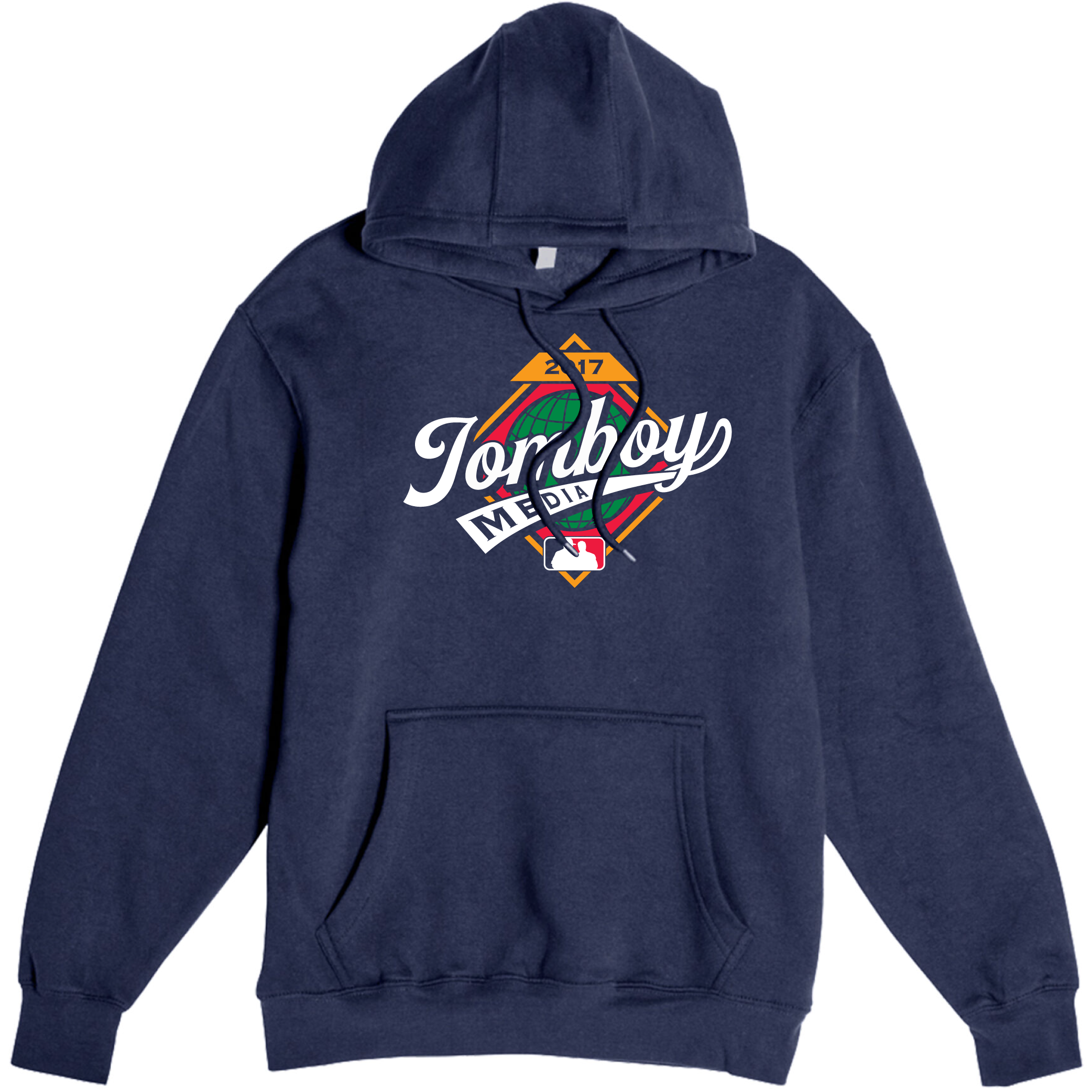 Navy blue pullover fleece hoodie featuring a colorful "Tomboy Media" logo with a baseball theme and a front kangaroo pocket.