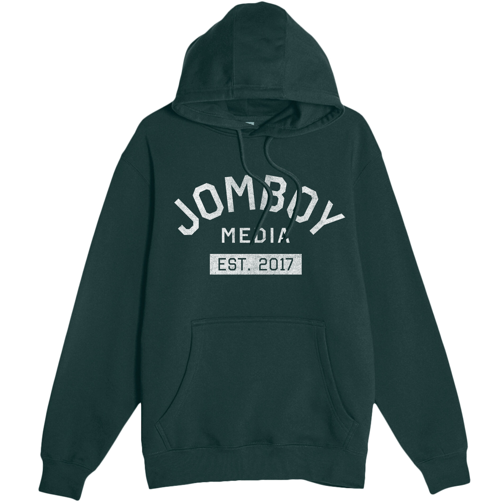 Black pullover fleece hoodie with "Jomboy Media Est. 2017" printed in white on the front, featuring a front pocket and drawstring hood.