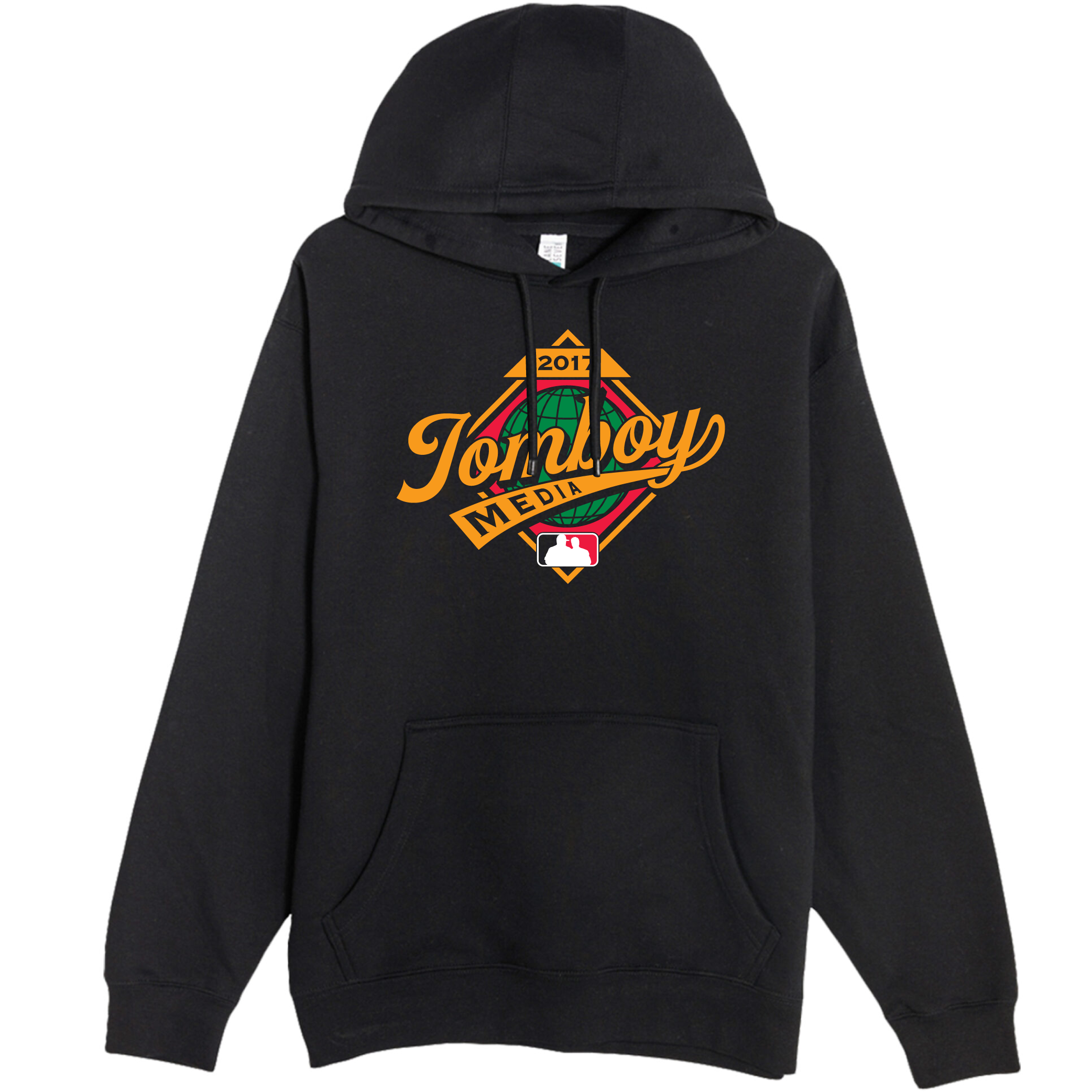 Black pullover fleece hoodie featuring a colorful "Tomjoy Media" logo with a globe, MLB logo, and "2017" text.
