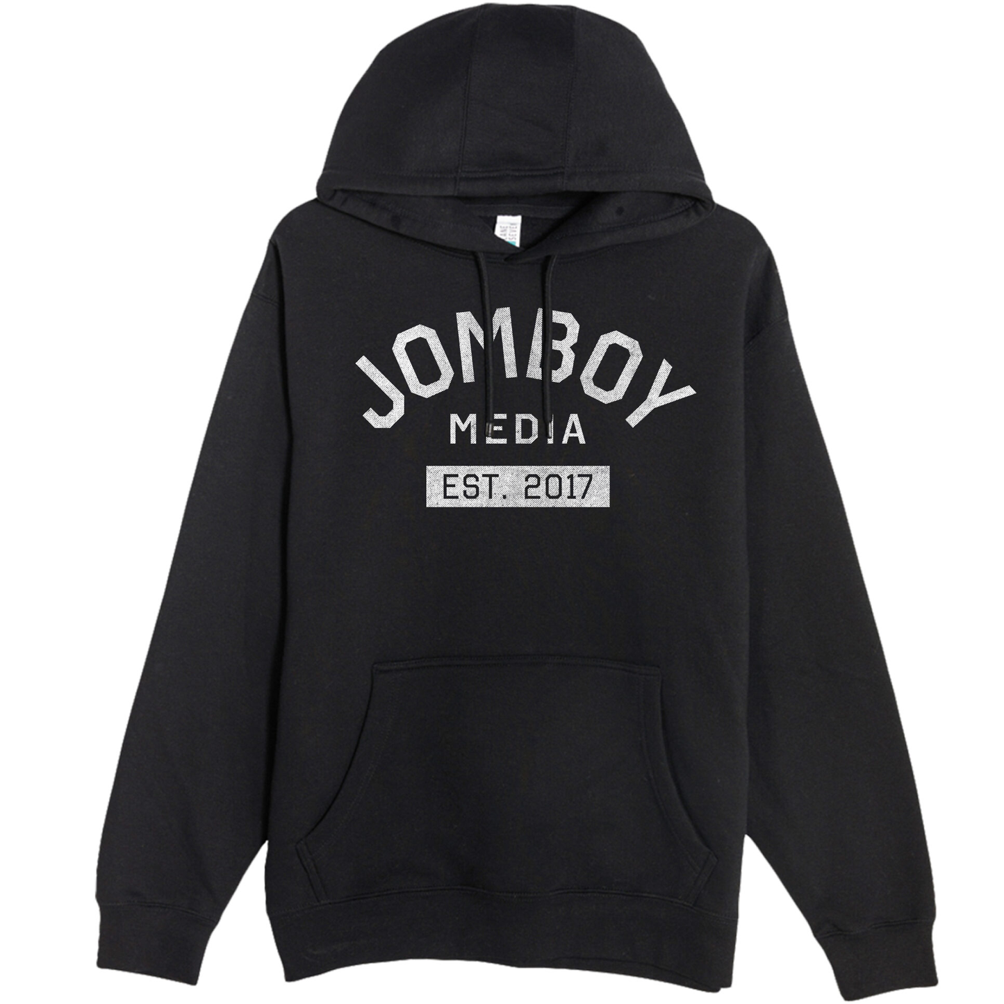 Black pullover fleece hoodie with "Jomboy Media Est. 2017" printed in white on the front, featuring a front pocket and drawstring hood.