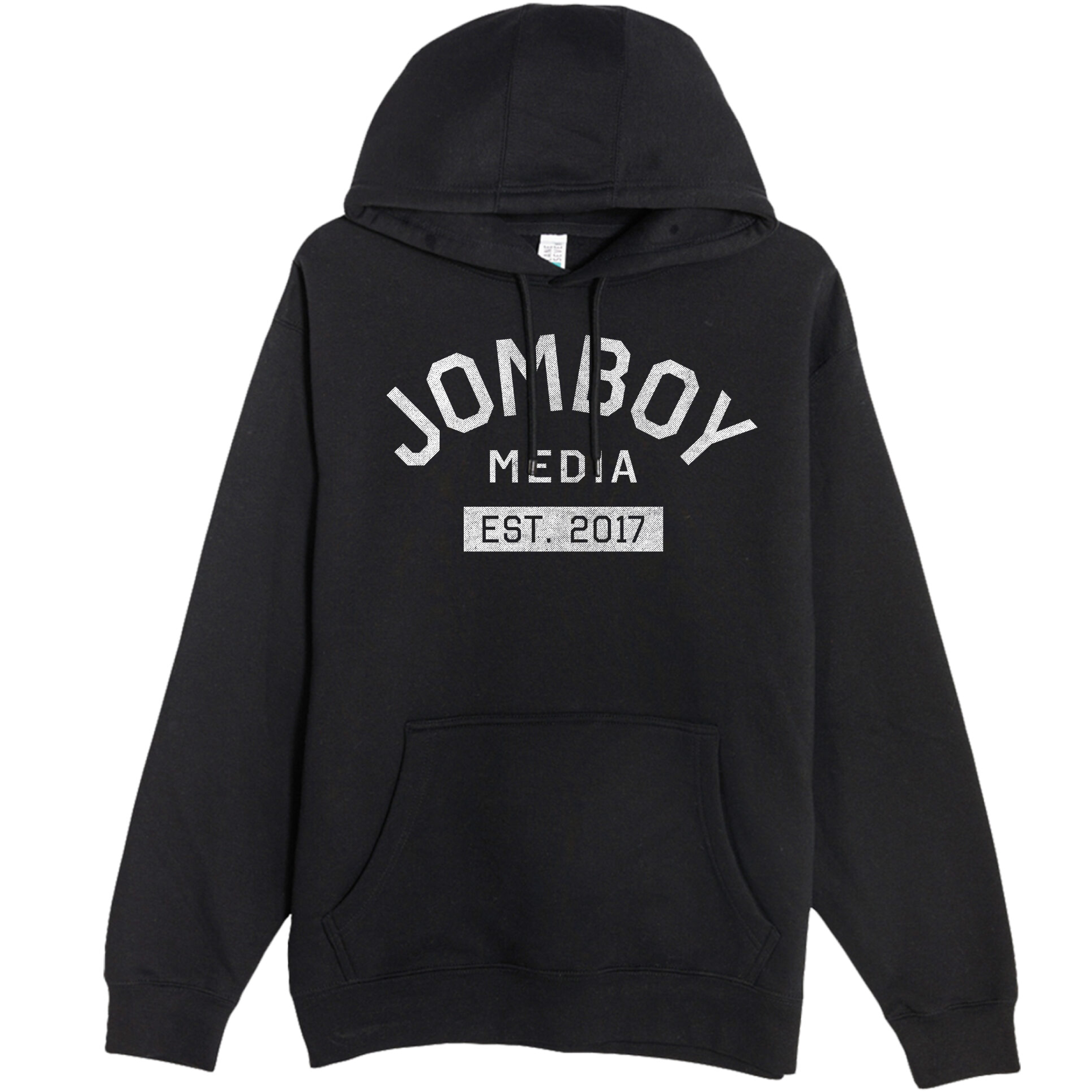 Black pullover fleece hoodie with "Jomboy Media Est. 2017" printed in white on the front, featuring a front pocket and drawstring hood.