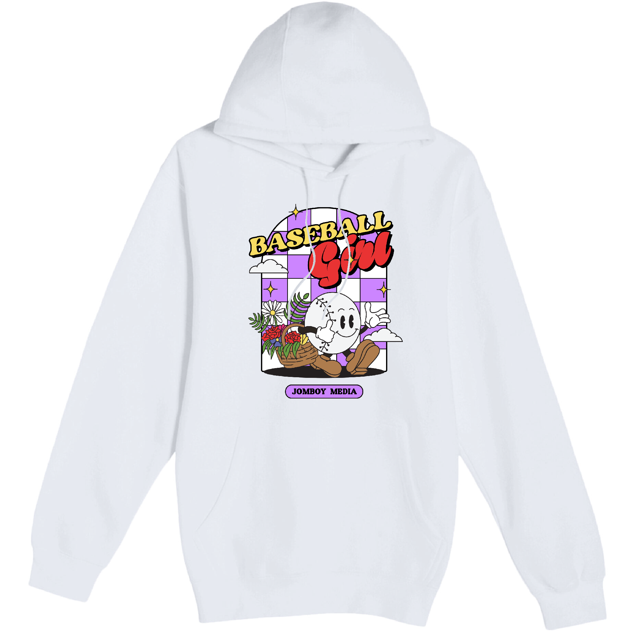 White pullover fleece hoodie featuring a colorful "Baseball Girl" graphic with cartoon character, flowers, clouds, and "Jomboy Media" label.