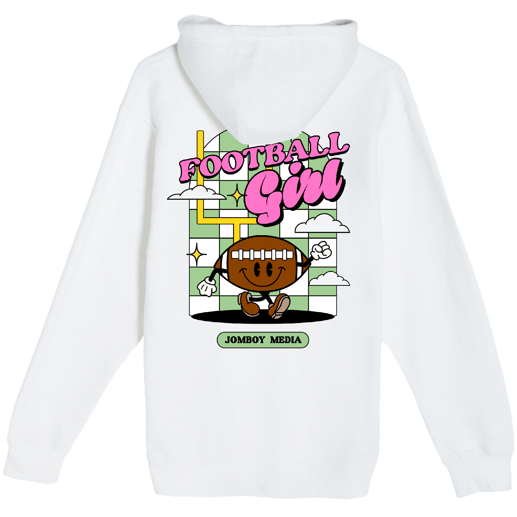 White zip-up hoodie featuring a colorful cartoon football girl graphic with playful text and "JOMBOY MEDIA" label.