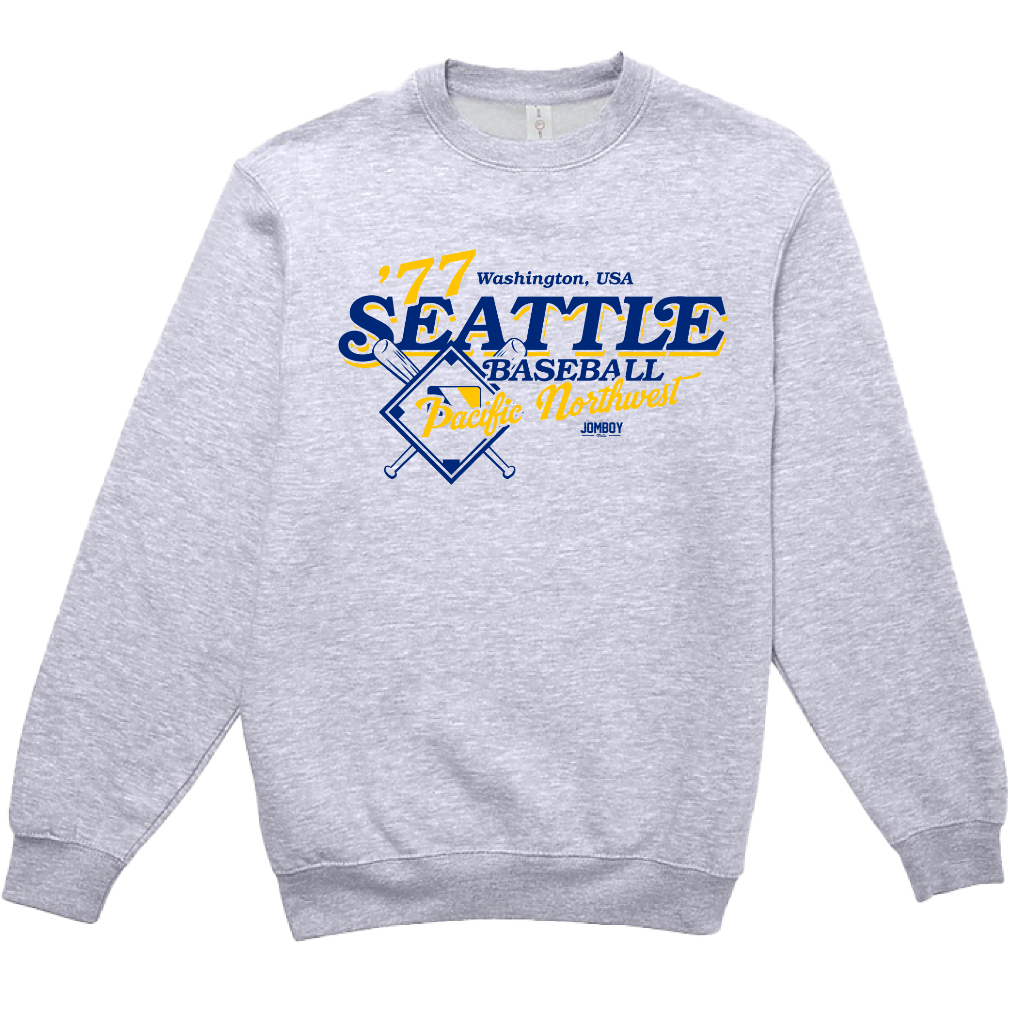 Gray crewneck sweatshirt featuring a vintage Seattle baseball design with crossed bats, "Pacific Northwest" text, and city details.