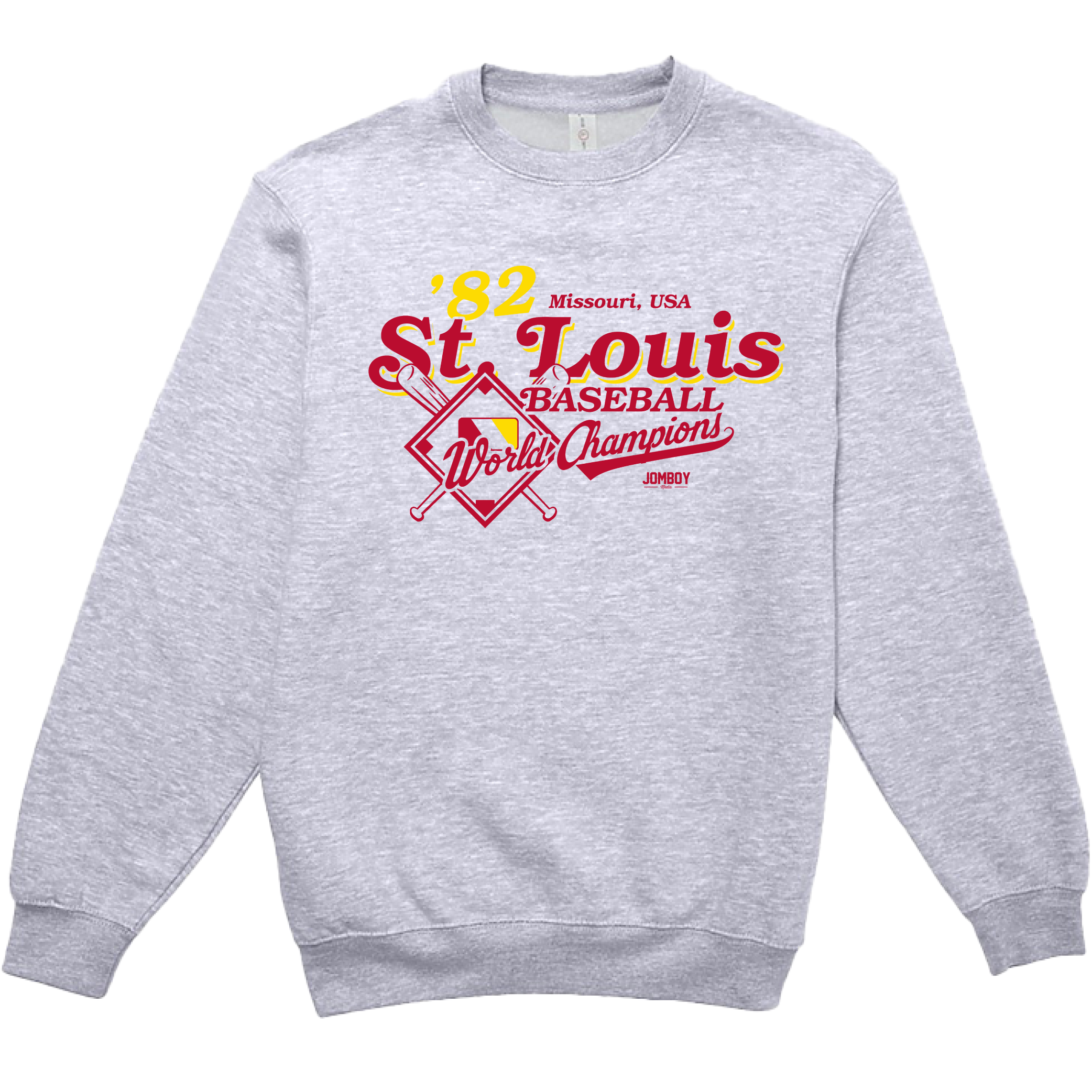 Gray crewneck sweatshirt featuring vintage STL City baseball team design, celebrating 1982 World Champions with bold red and yellow graphics.