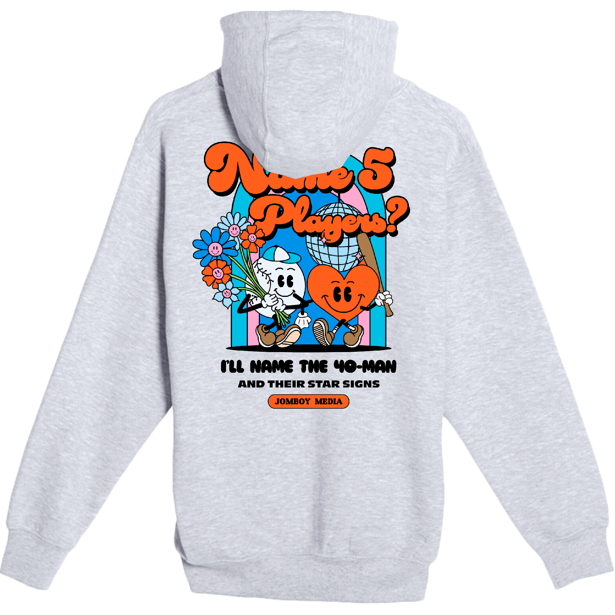 Gray zip-up hoodie featuring colorful cartoon characters, flowers, and text reading "Name 5 Players?" and "I'll name the 40-man.