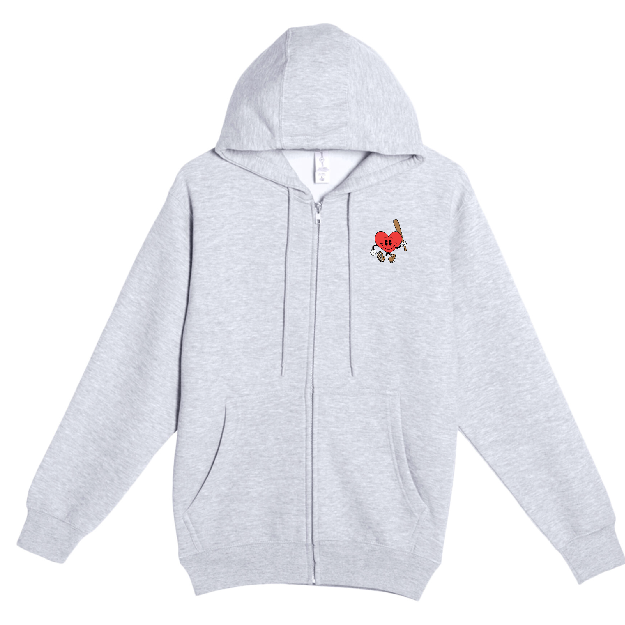 Gray zip-up hoodie featuring a playful heart character holding a baseball bat, with a front pocket and drawstring hood.